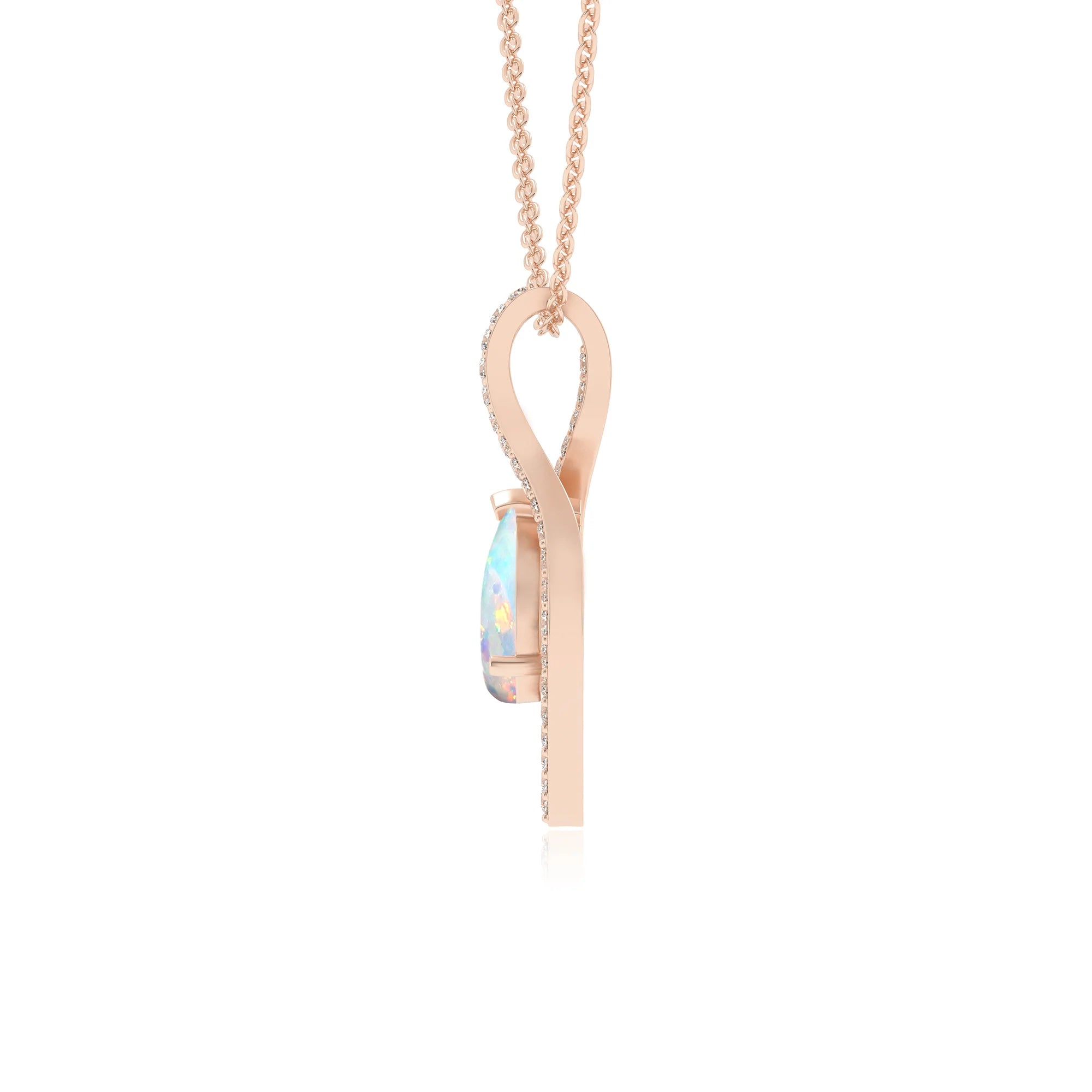 lab grown opal pear infinity necklaces in rose gold