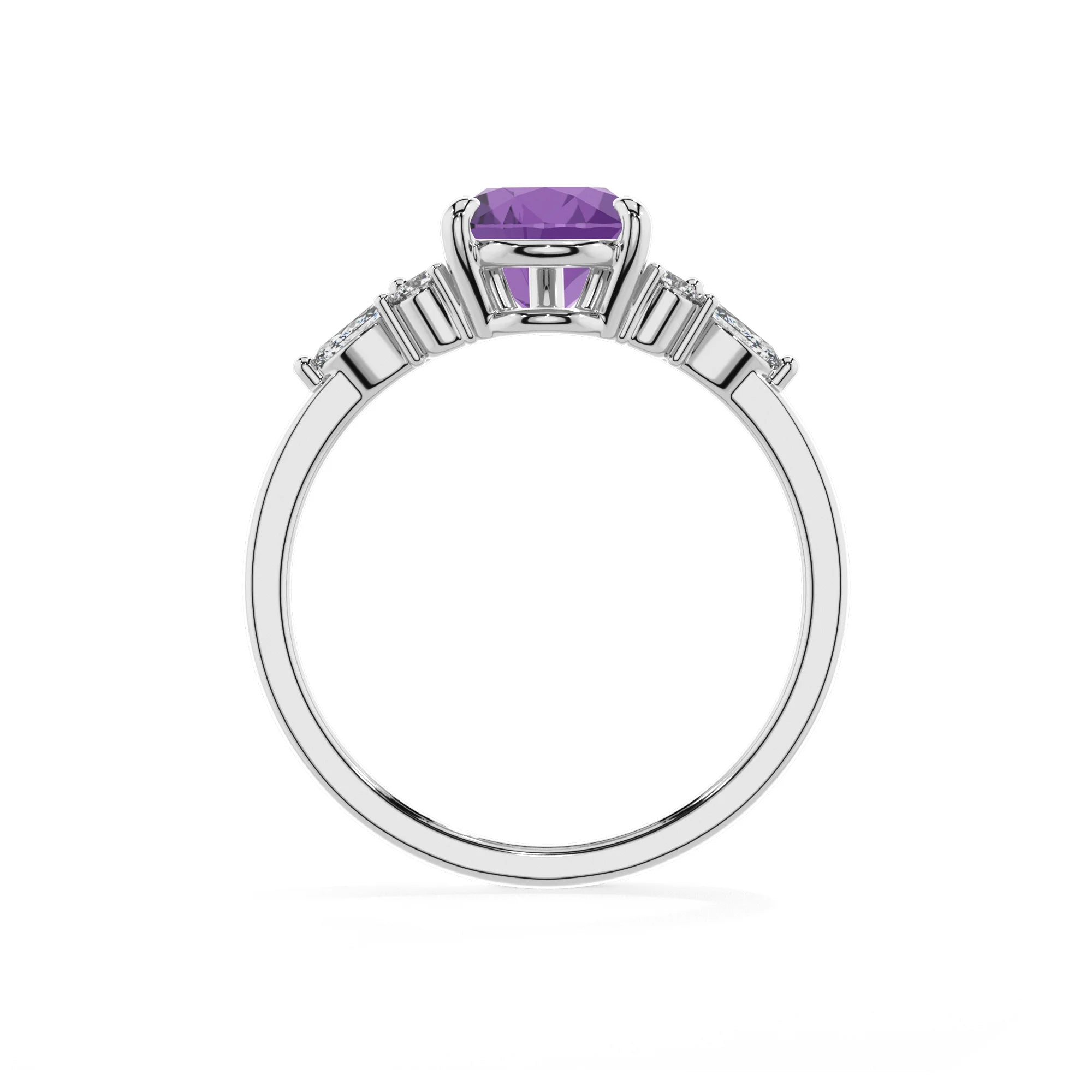lab grown amethyst pear solitaire rings in platinum
