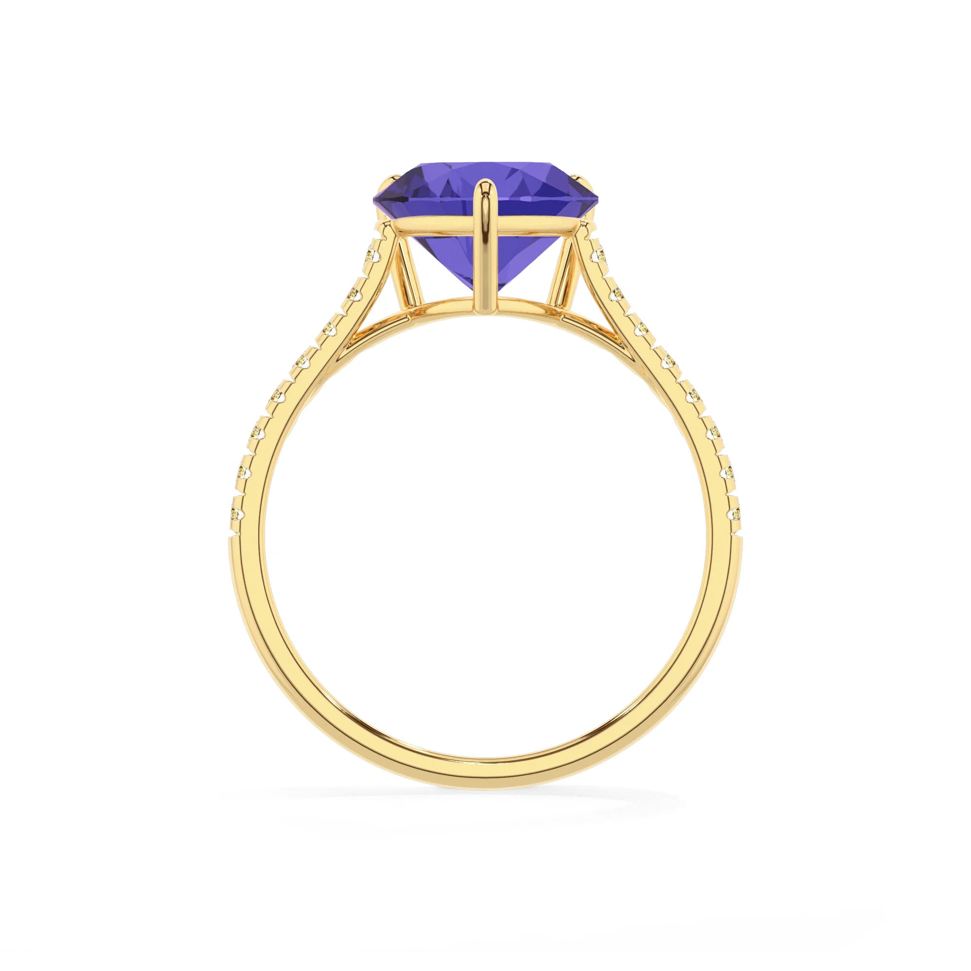 lab grown tanzanite heart half eternity solitaire engagement rings in yellow gold