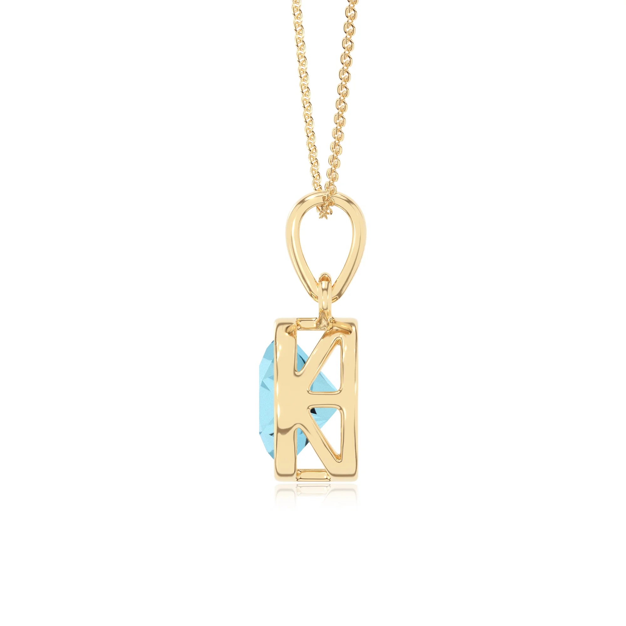 lab grown aquamarine round solitaire necklaces in yellow gold