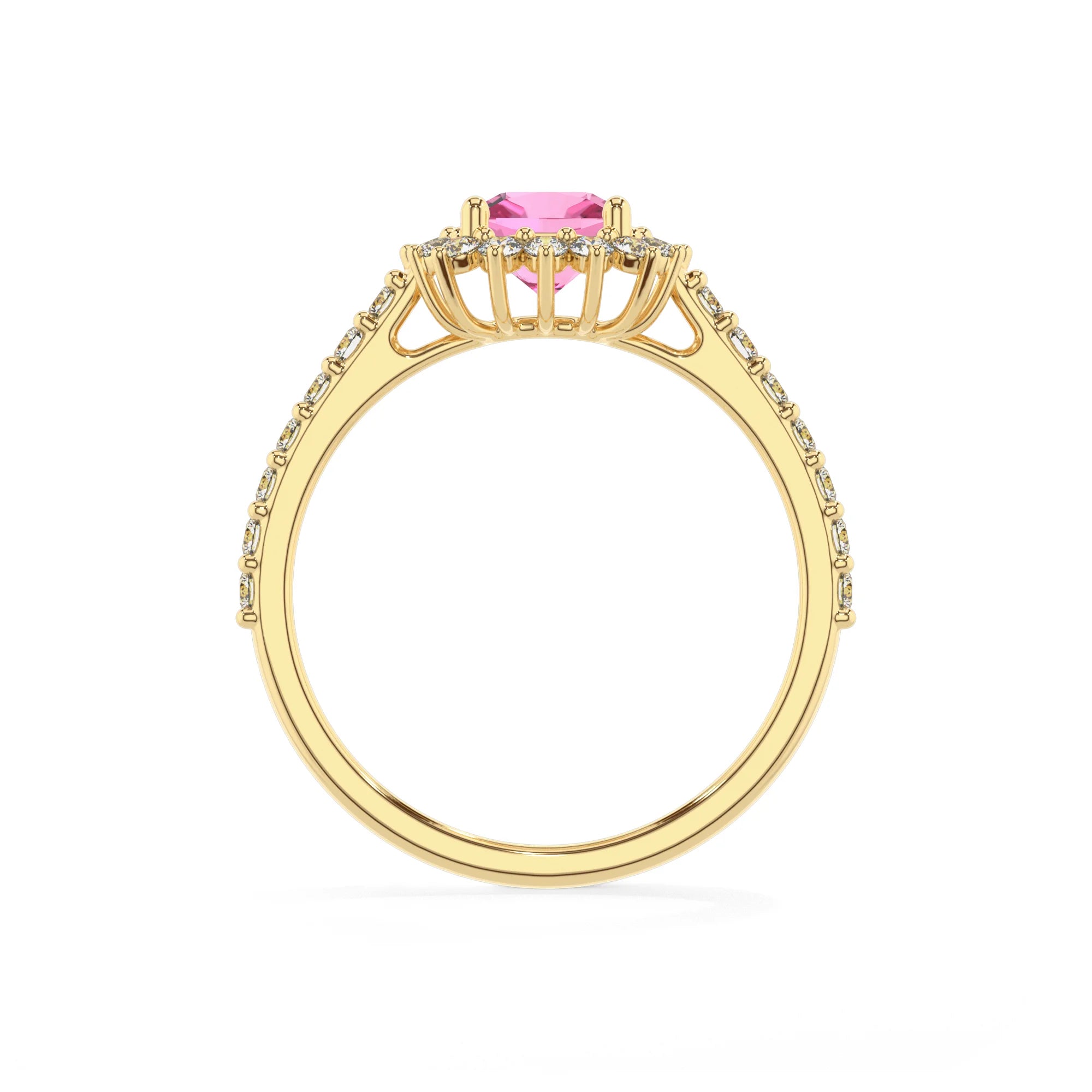 lab grown pink-sapphire cushion solitaire rings in yellow gold