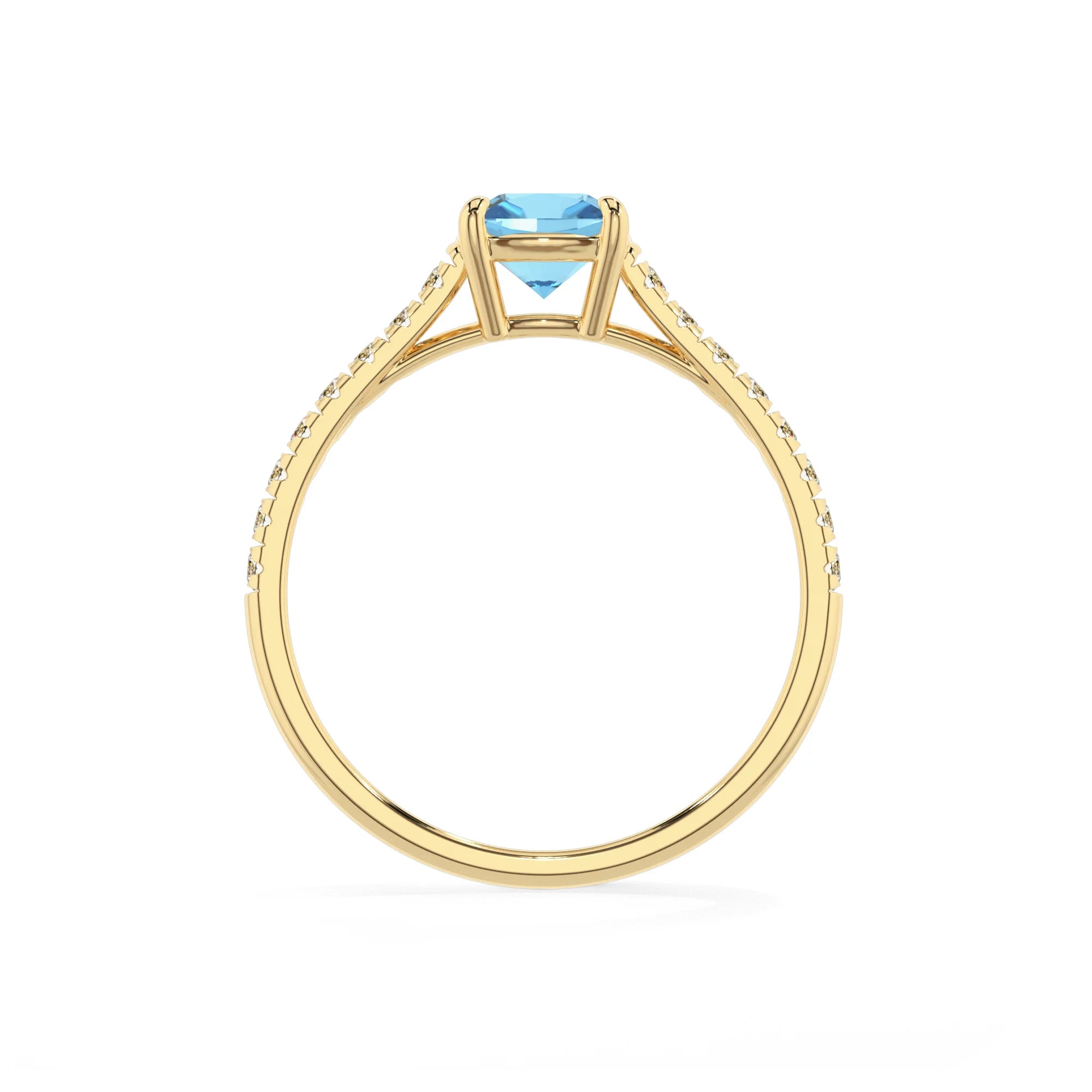 natural swiss-blue-topaz cushion half eternity solitaire engagement rings in yellow gold