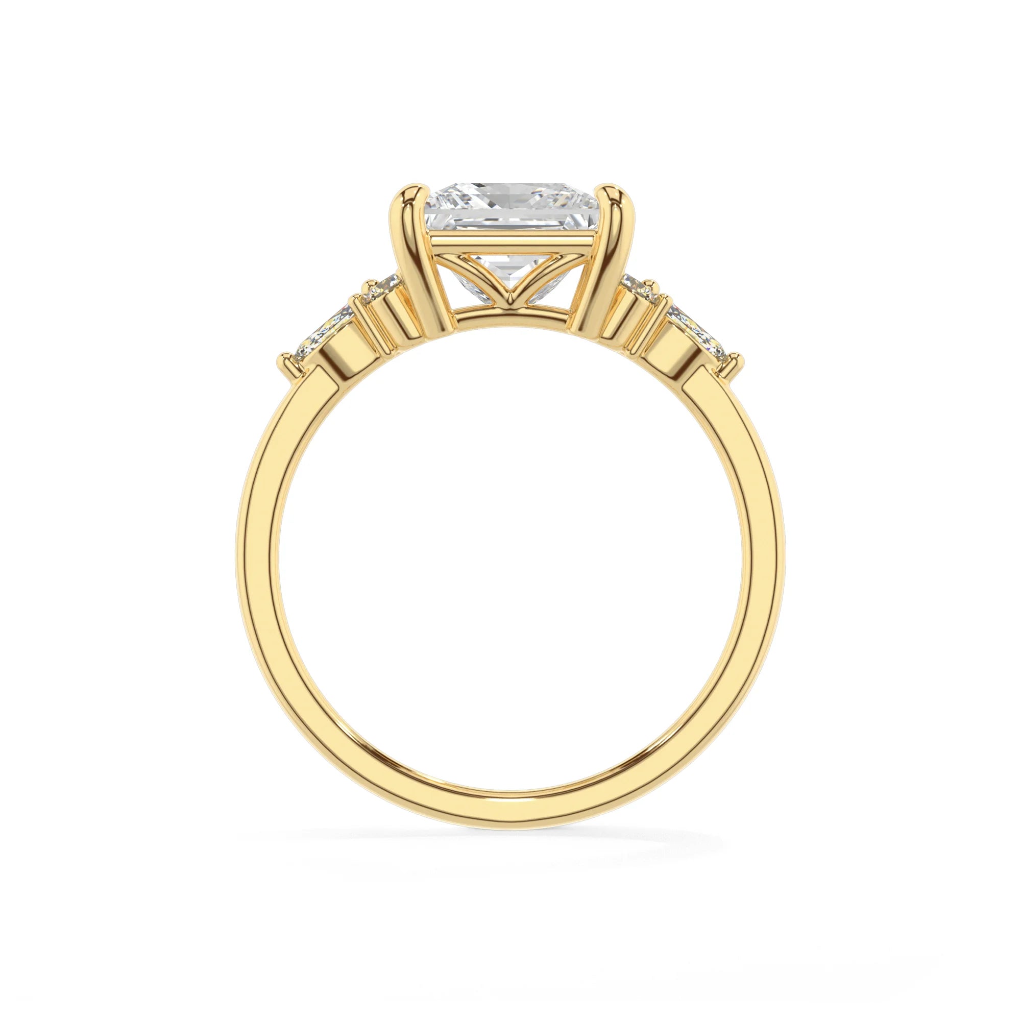 lab grown moissanite princess solitaire rings in yellow gold