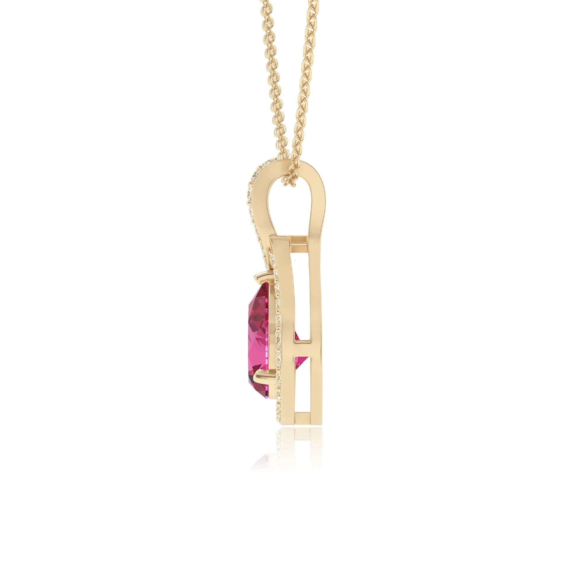 lab grown pink-sapphire pear solitaire necklaces in yellow gold