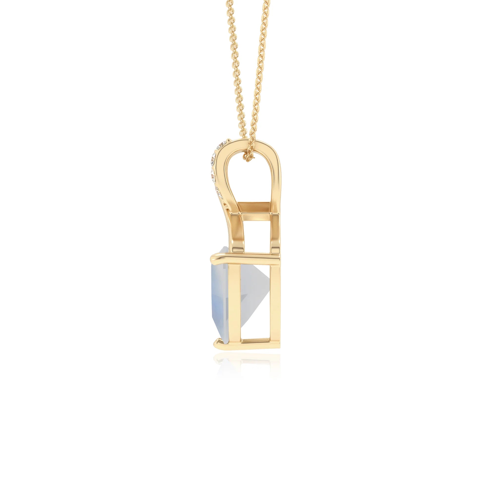natural rainbow-moonstone trillion solitaire necklaces in yellow gold