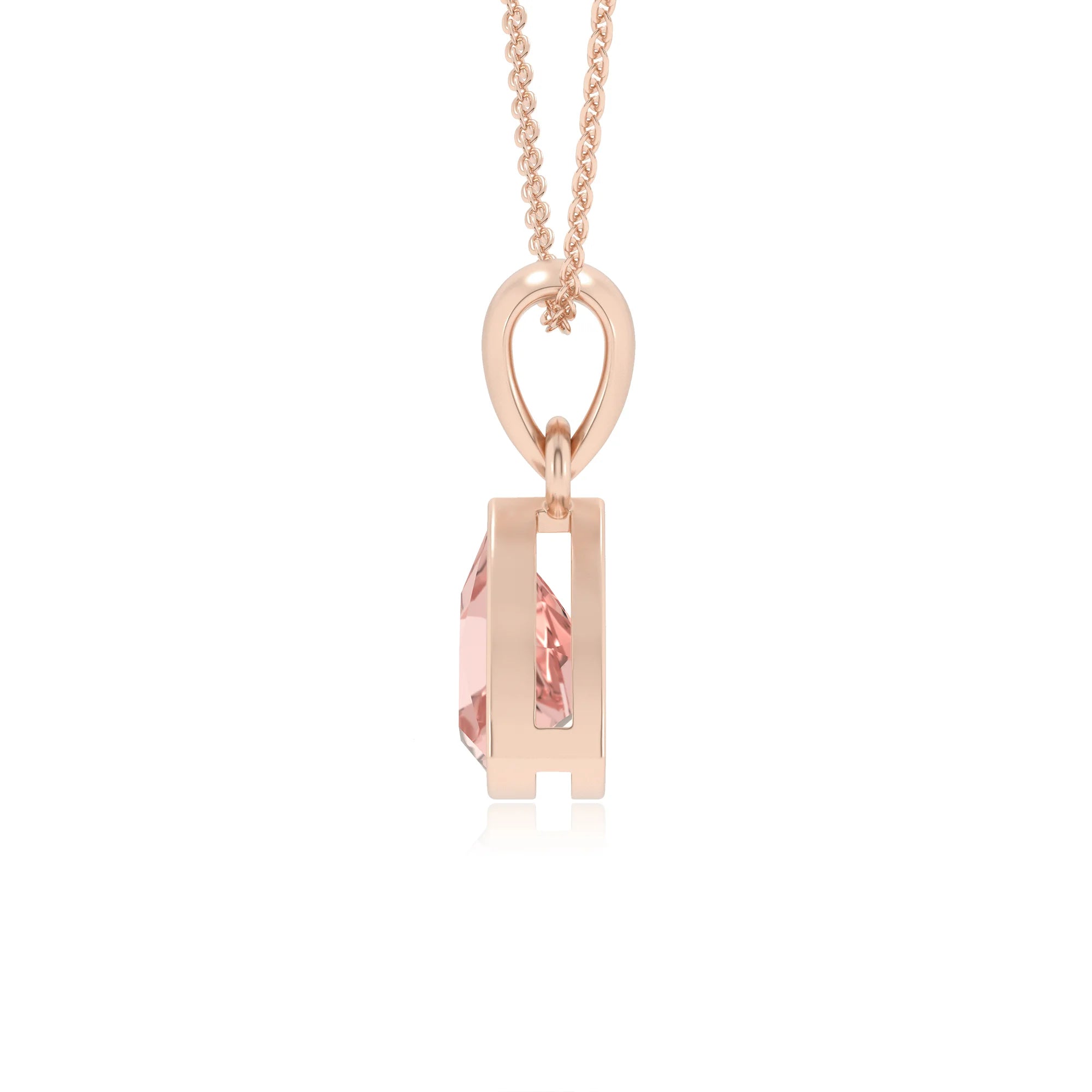 lab grown morganite trillion solitaire necklaces in rose gold