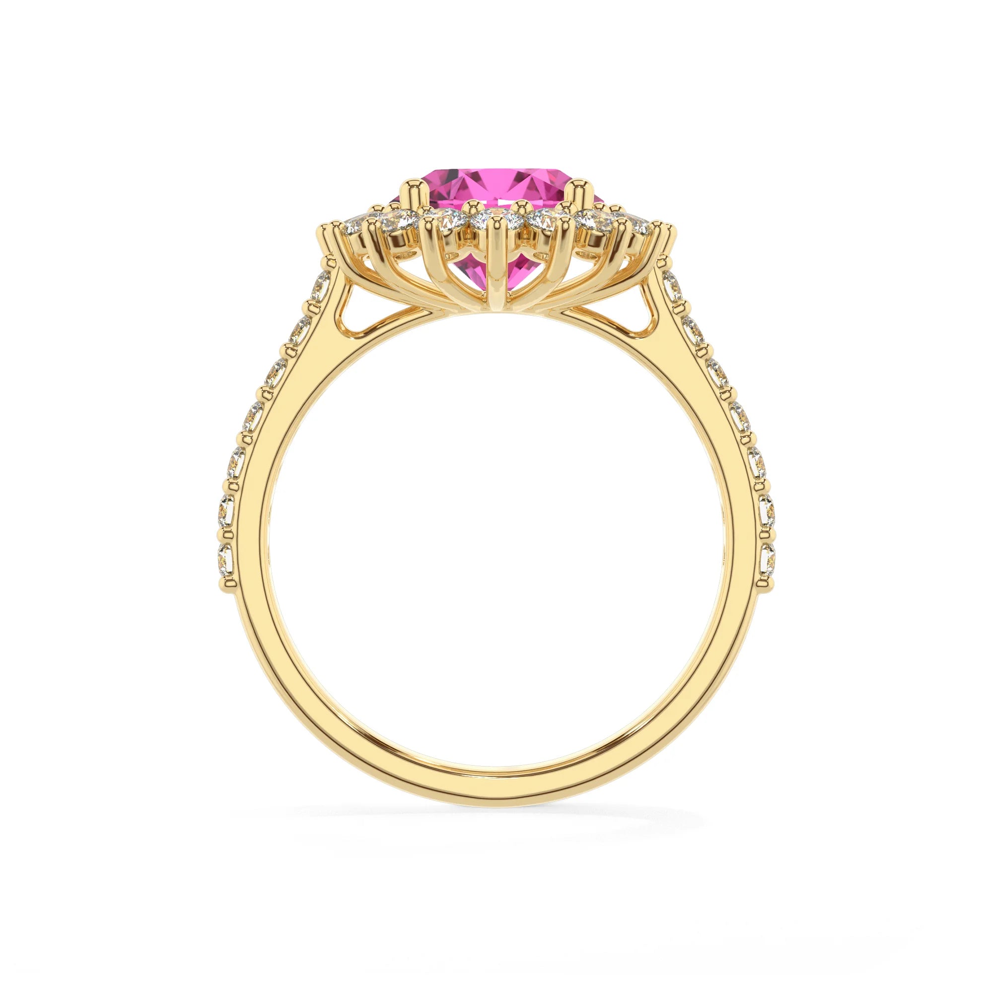 lab grown pink-sapphire round solitaire rings in yellow gold