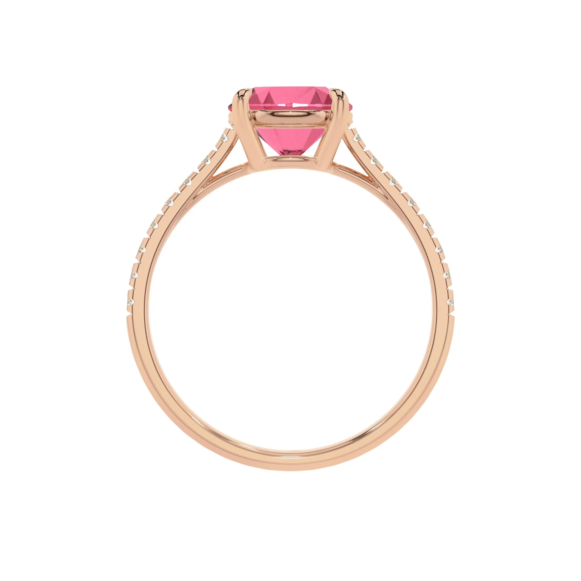 lab grown pink-tourmaline round half eternity solitaire engagement rings in rose gold