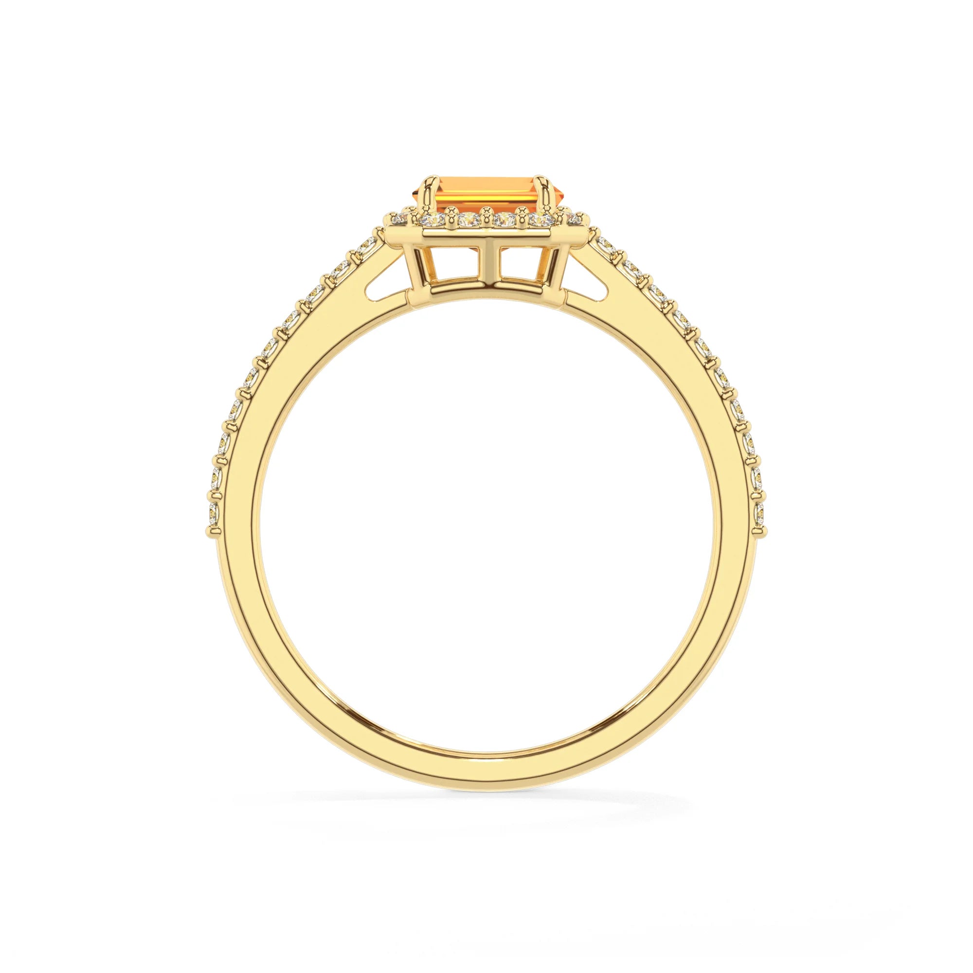 lab grown citrine emerald cut solitaire rings in yellow gold