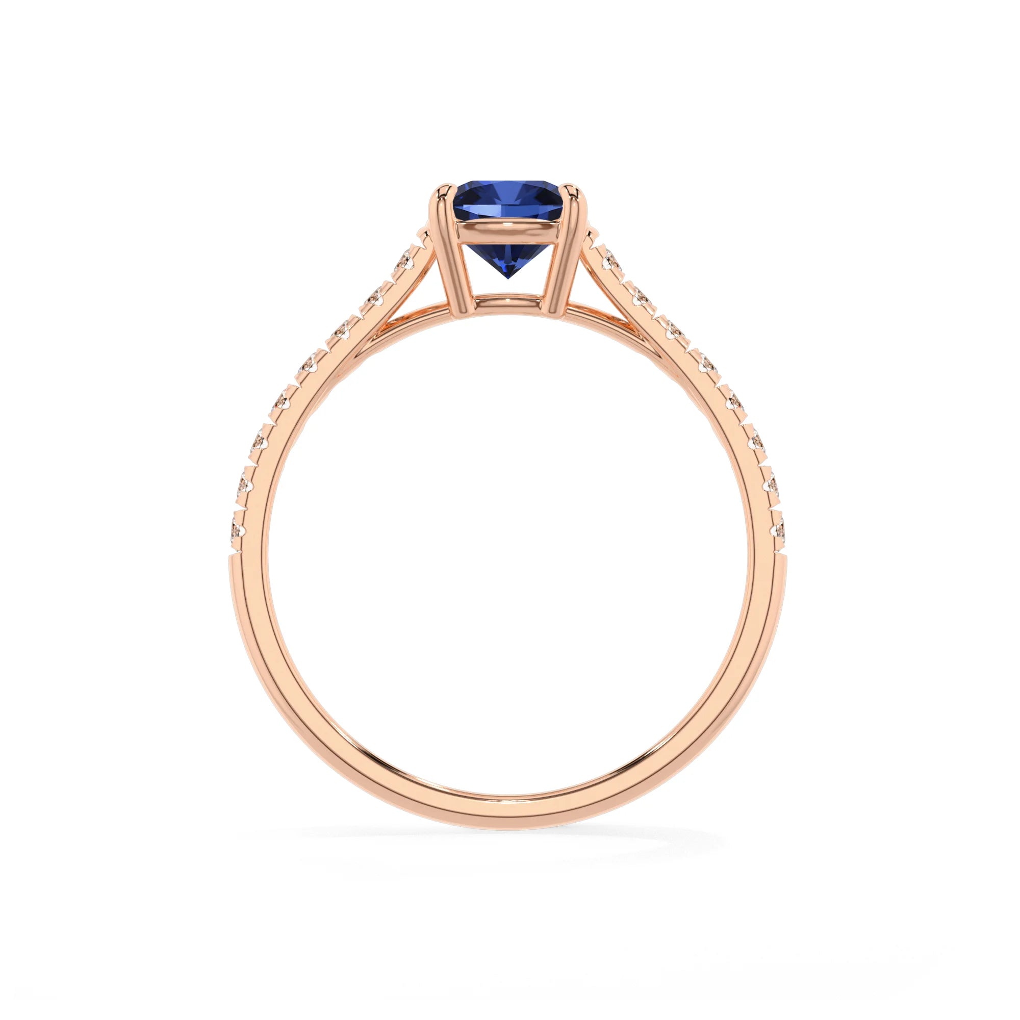 lab grown blue-sapphire cushion half eternity solitaire engagement rings in rose gold