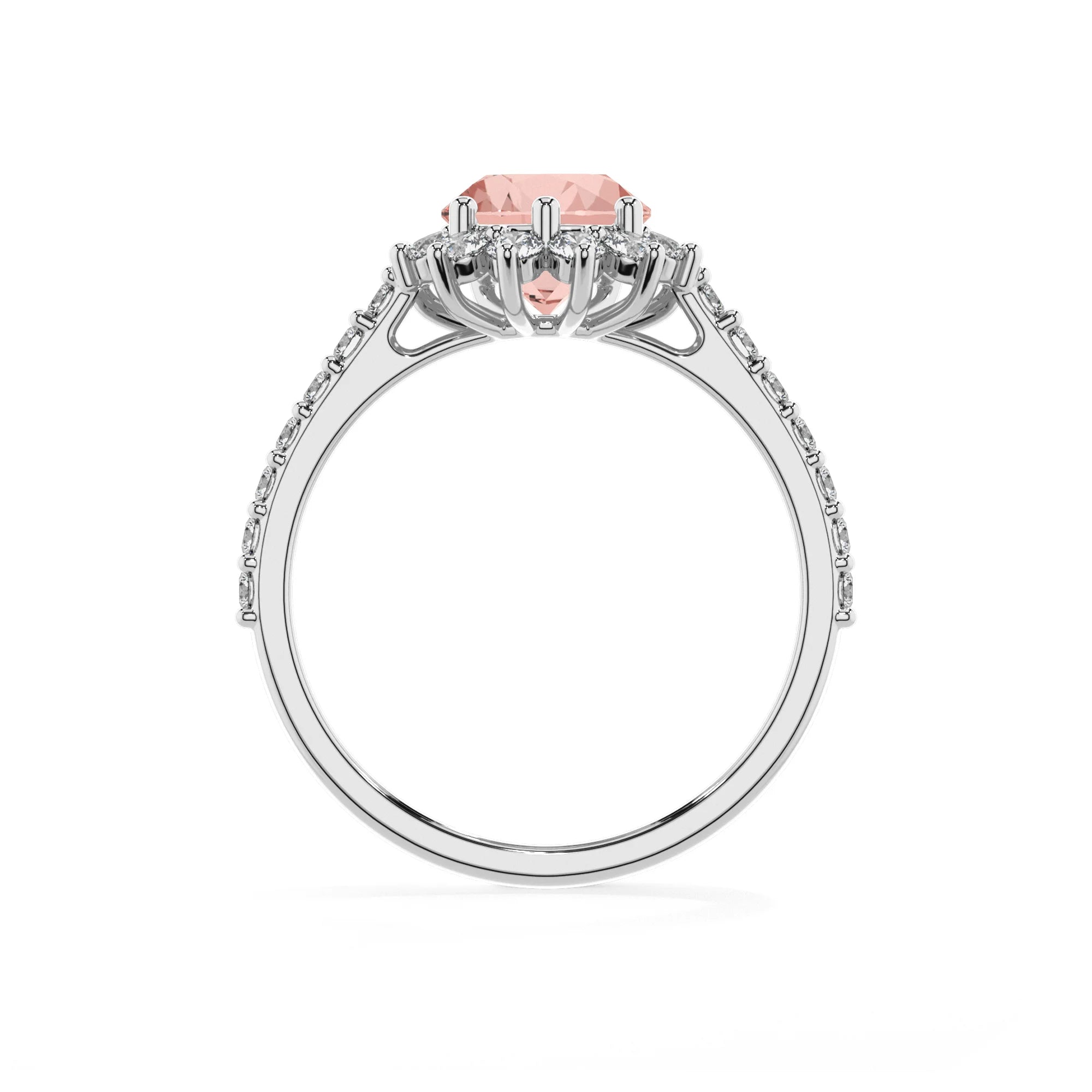 lab grown morganite pear solitaire rings in white gold
