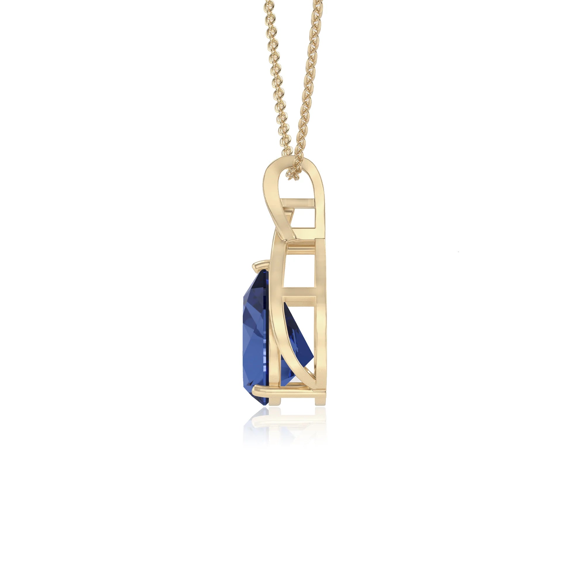 lab grown blue-sapphire pear solitaire necklaces in yellow gold