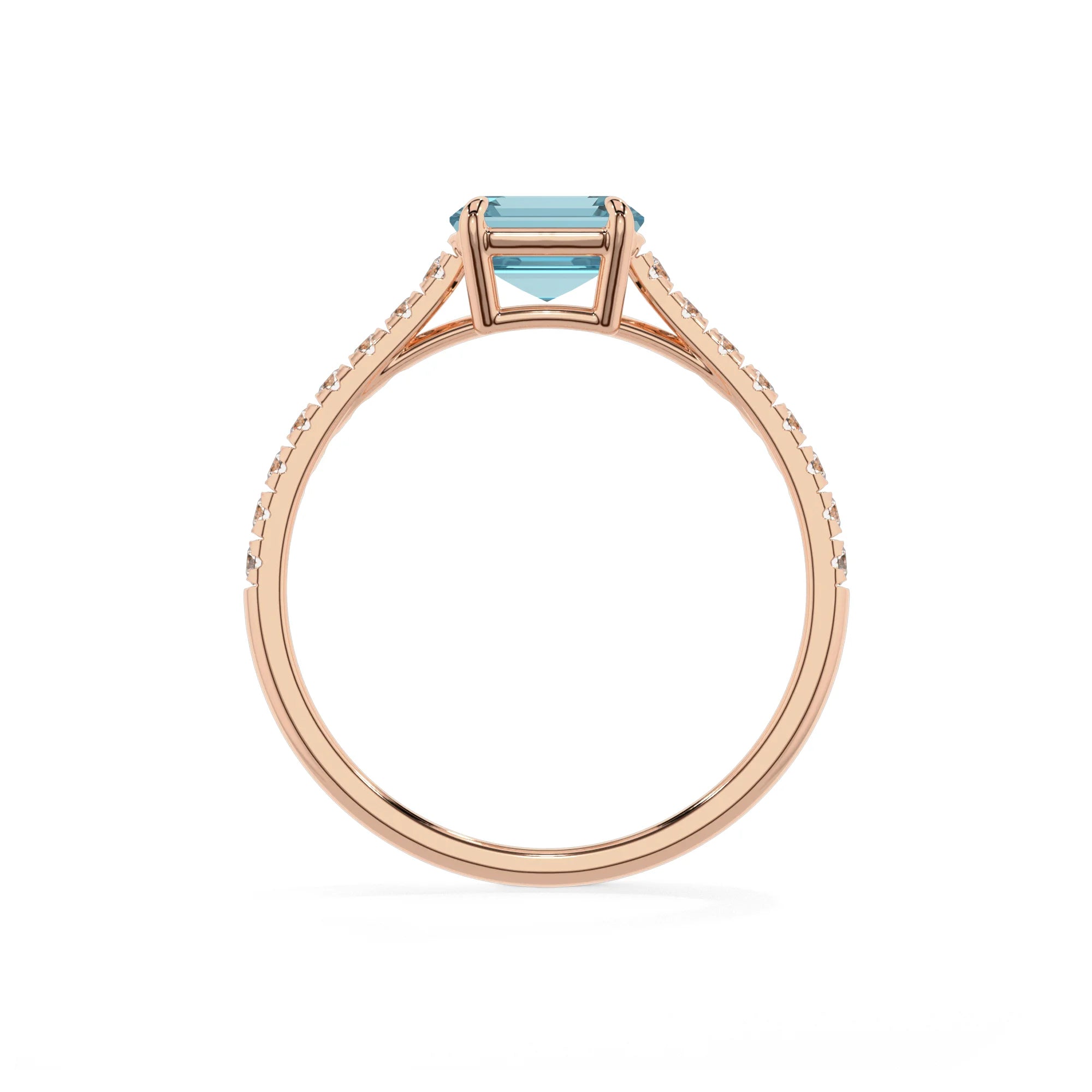 lab grown aquamarine emerald cut half eternity solitaire engagement rings in rose gold