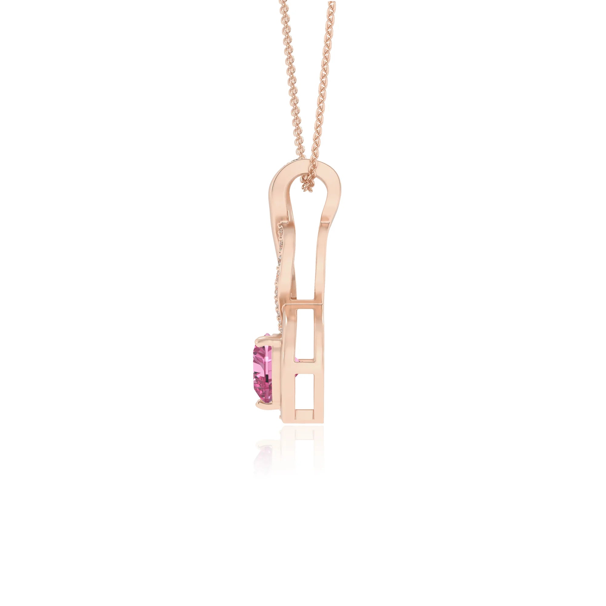 lab grown pink-sapphire heart infinity necklaces in rose gold