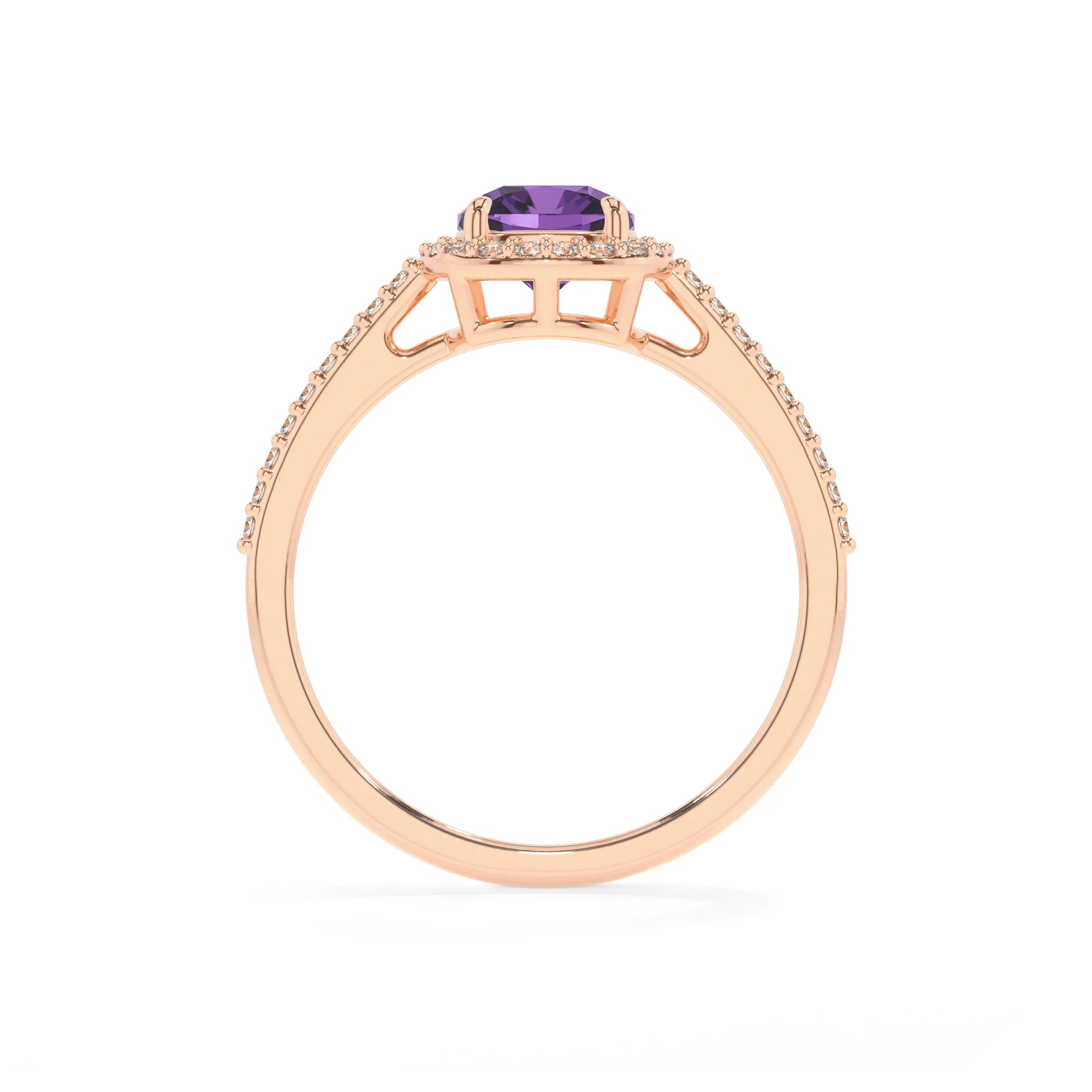 lab grown amethyst cushion solitaire rings in rose gold