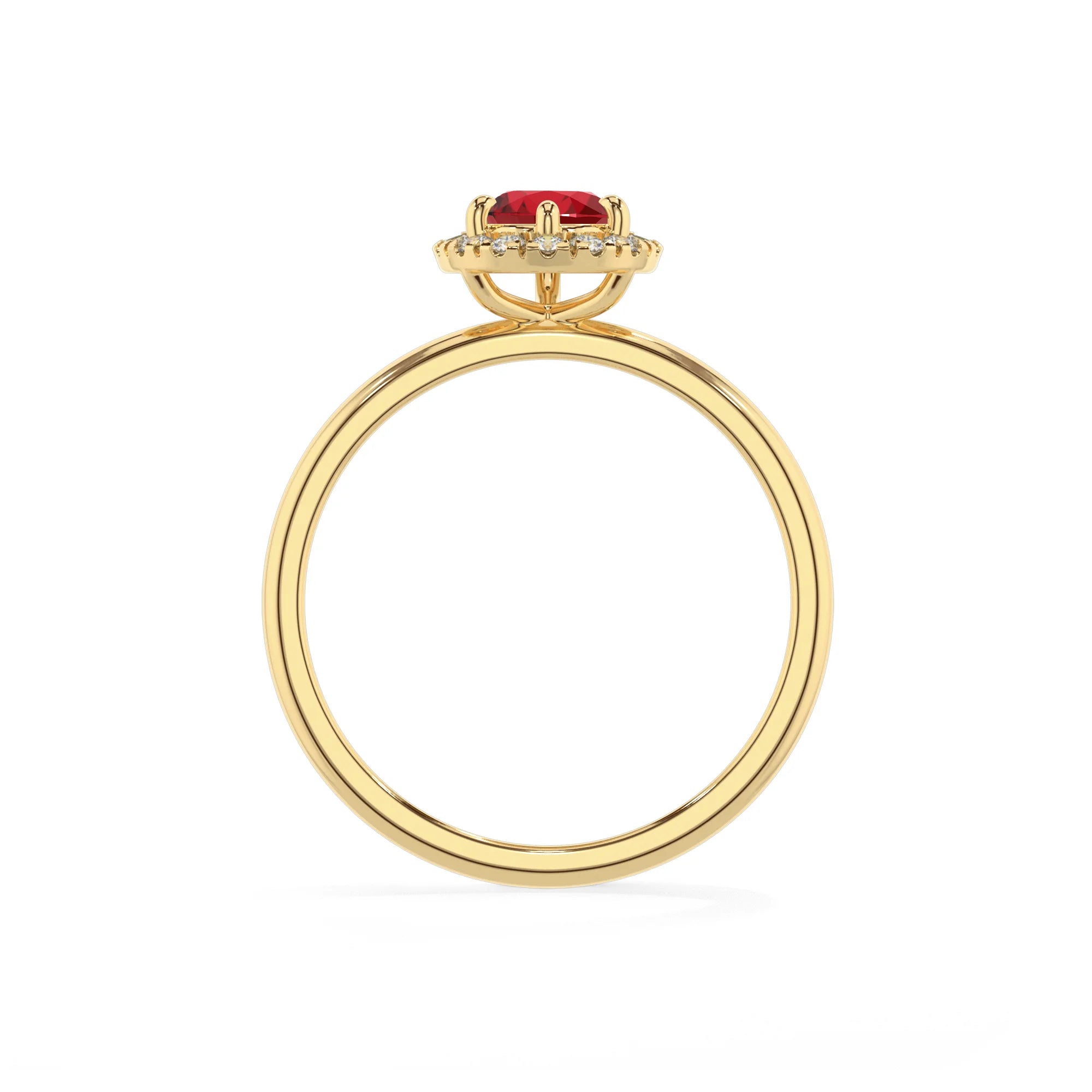 lab grown ruby pear solitaire rings in yellow gold