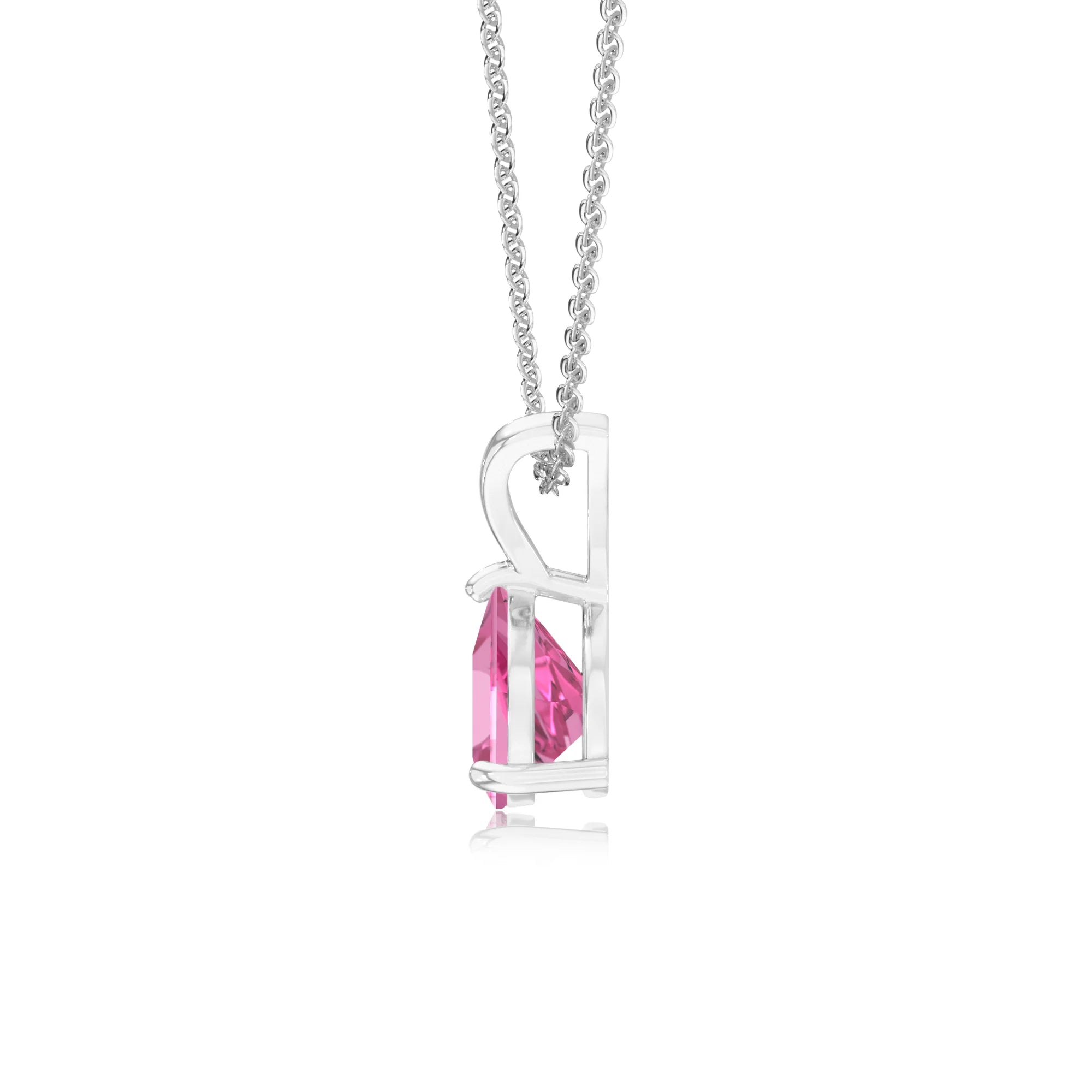 lab grown pink-sapphire trillion solitaire v-bale necklaces in white gold