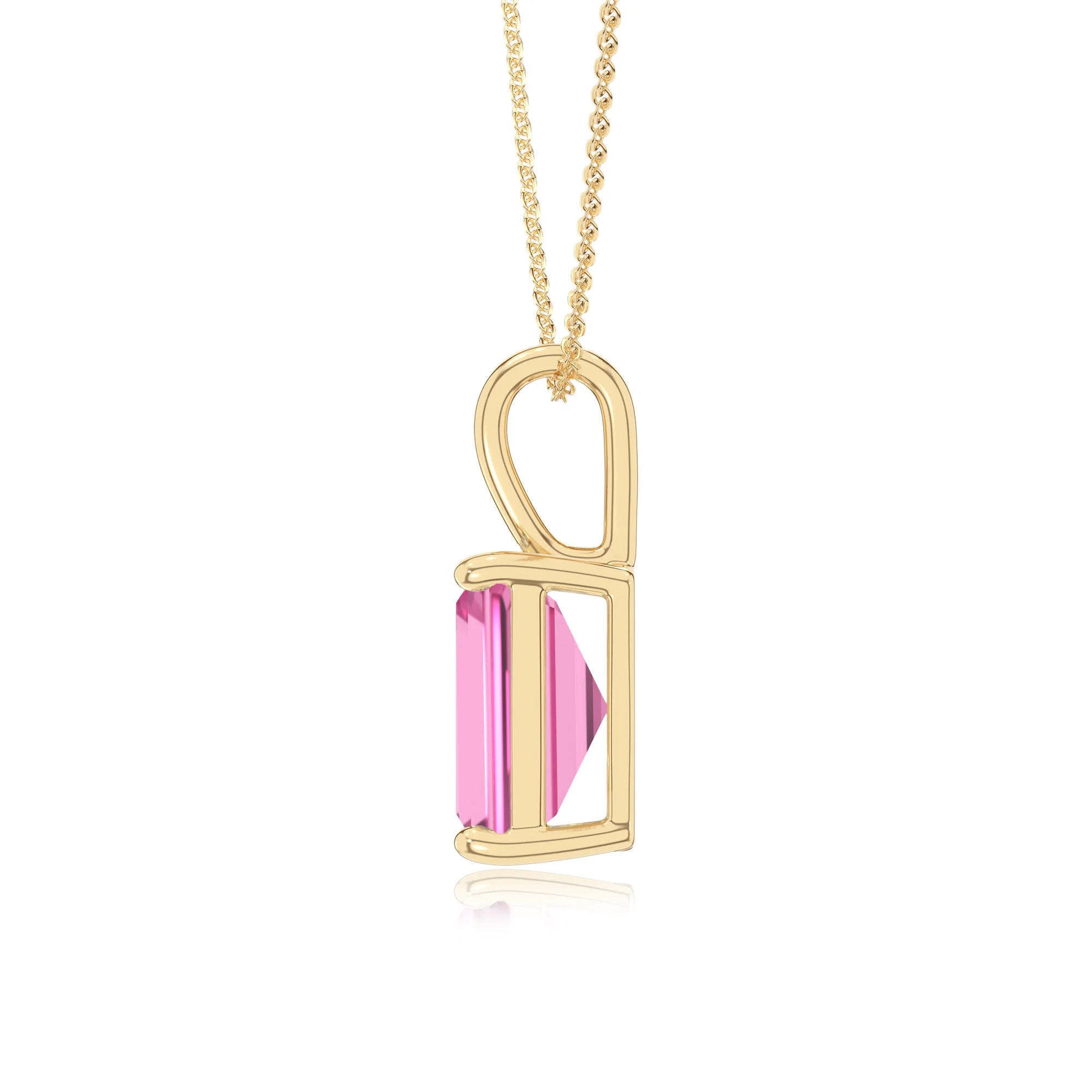 lab grown pink-sapphire emerald cut solitaire necklaces in yellow gold