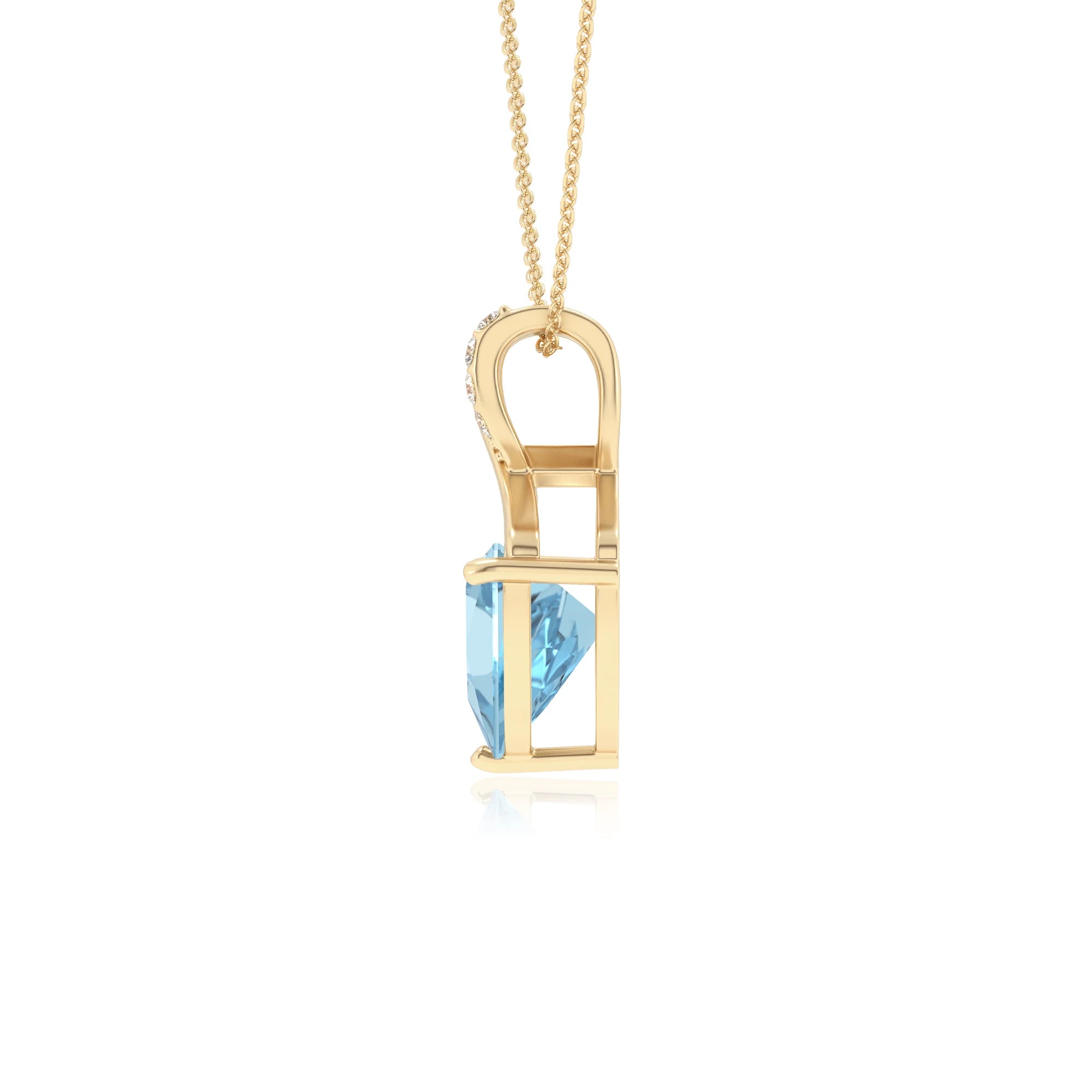 lab grown aquamarine trillion solitaire necklaces in yellow gold