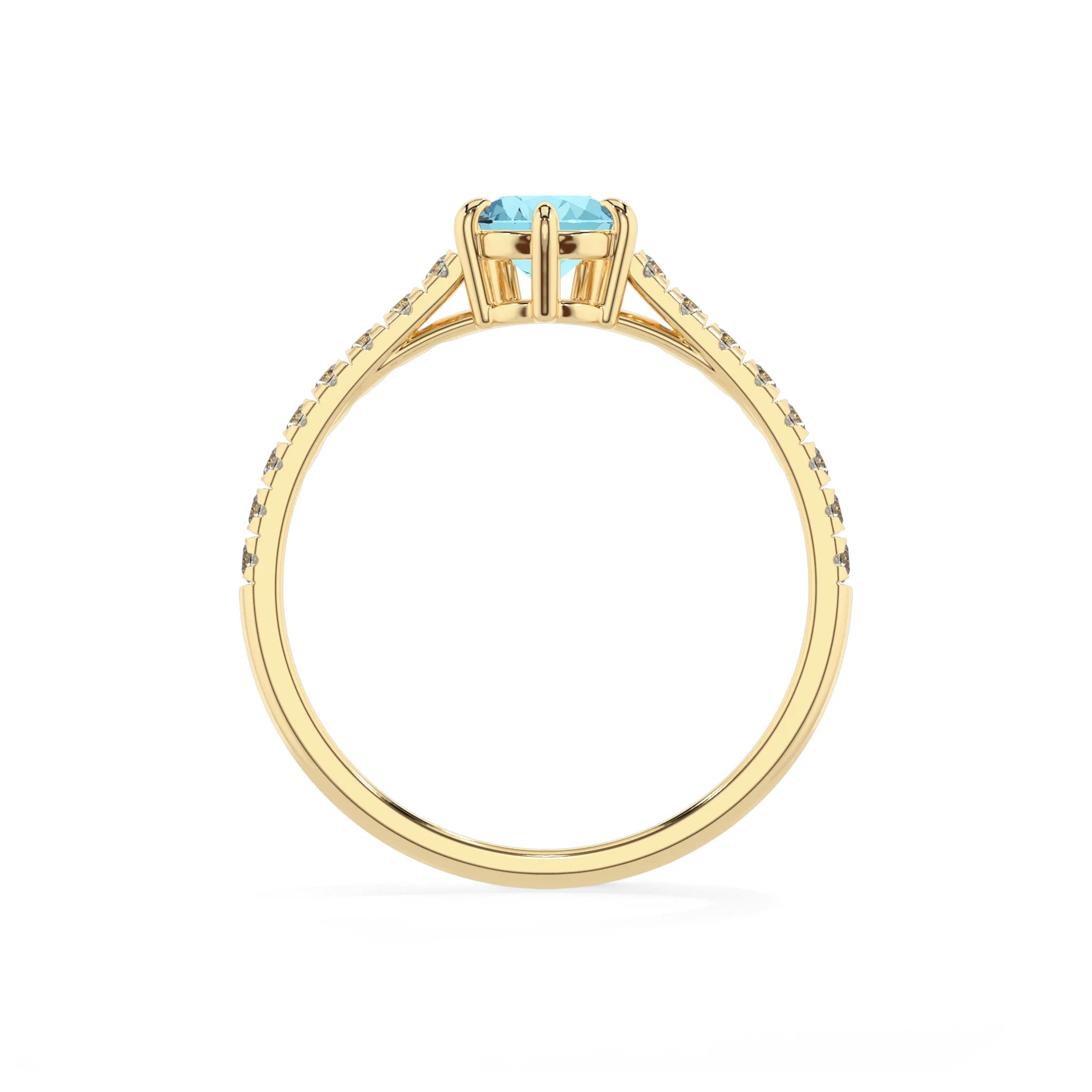 lab grown aquamarine pear half eternity solitaire engagement rings in yellow gold