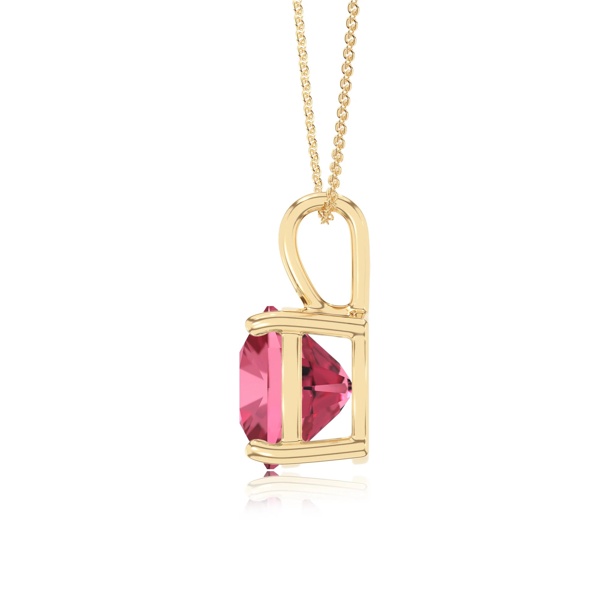 lab grown pink-tourmaline cushion solitaire necklaces in yellow gold