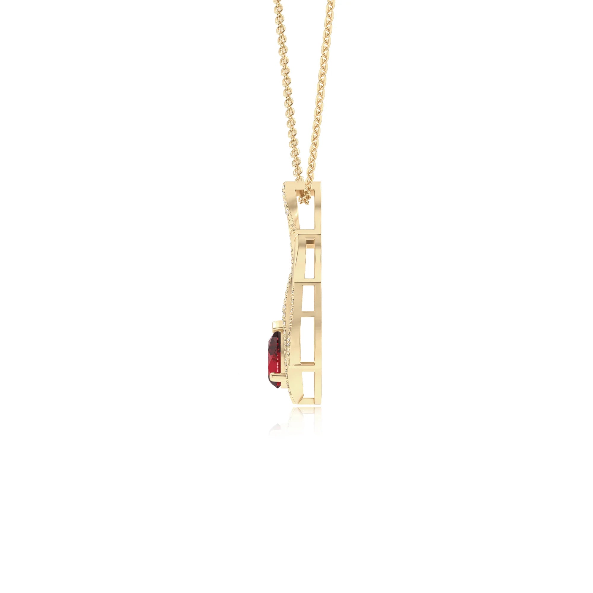 lab grown ruby pear solitaire necklaces in yellow gold