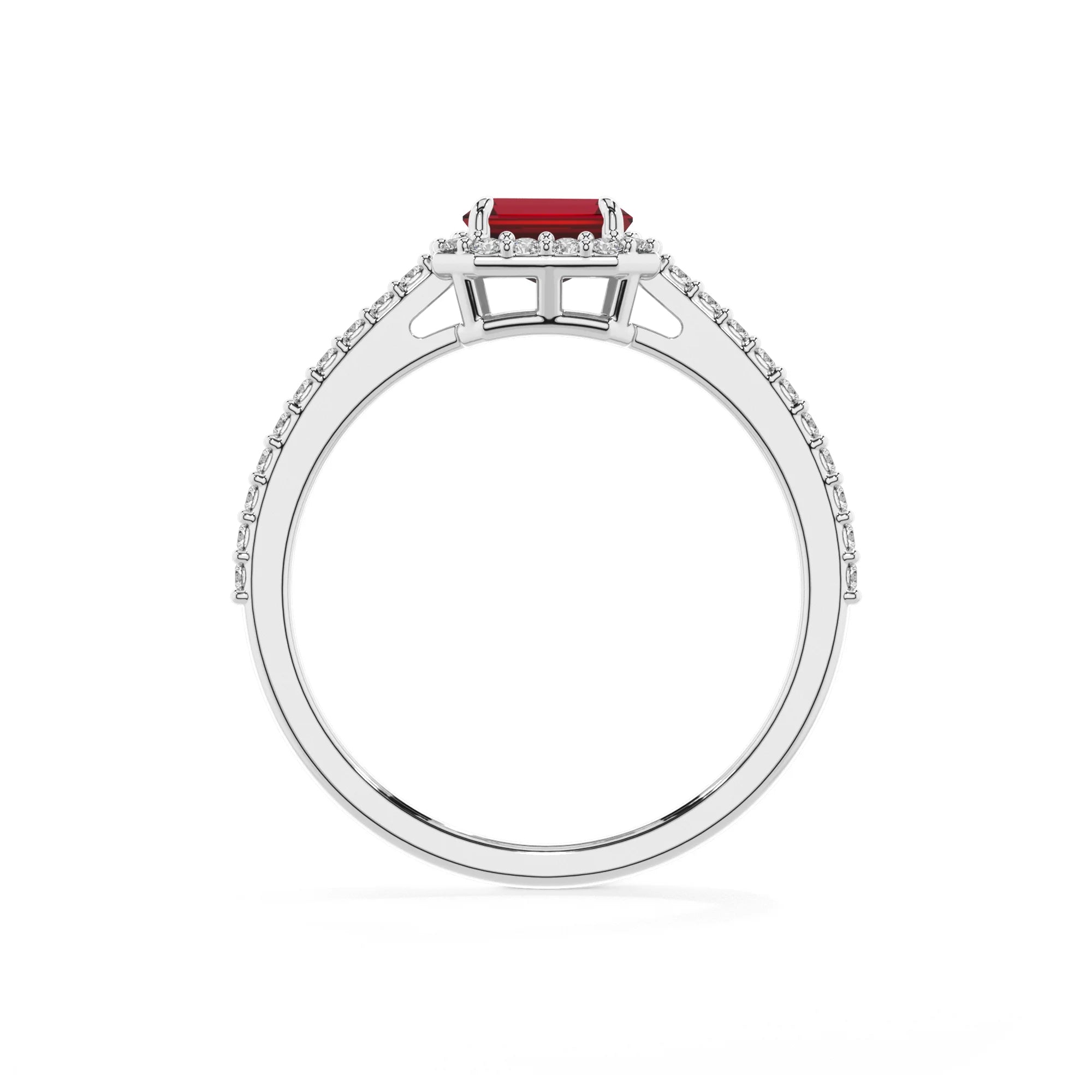 lab grown ruby emerald cut solitaire rings in white gold