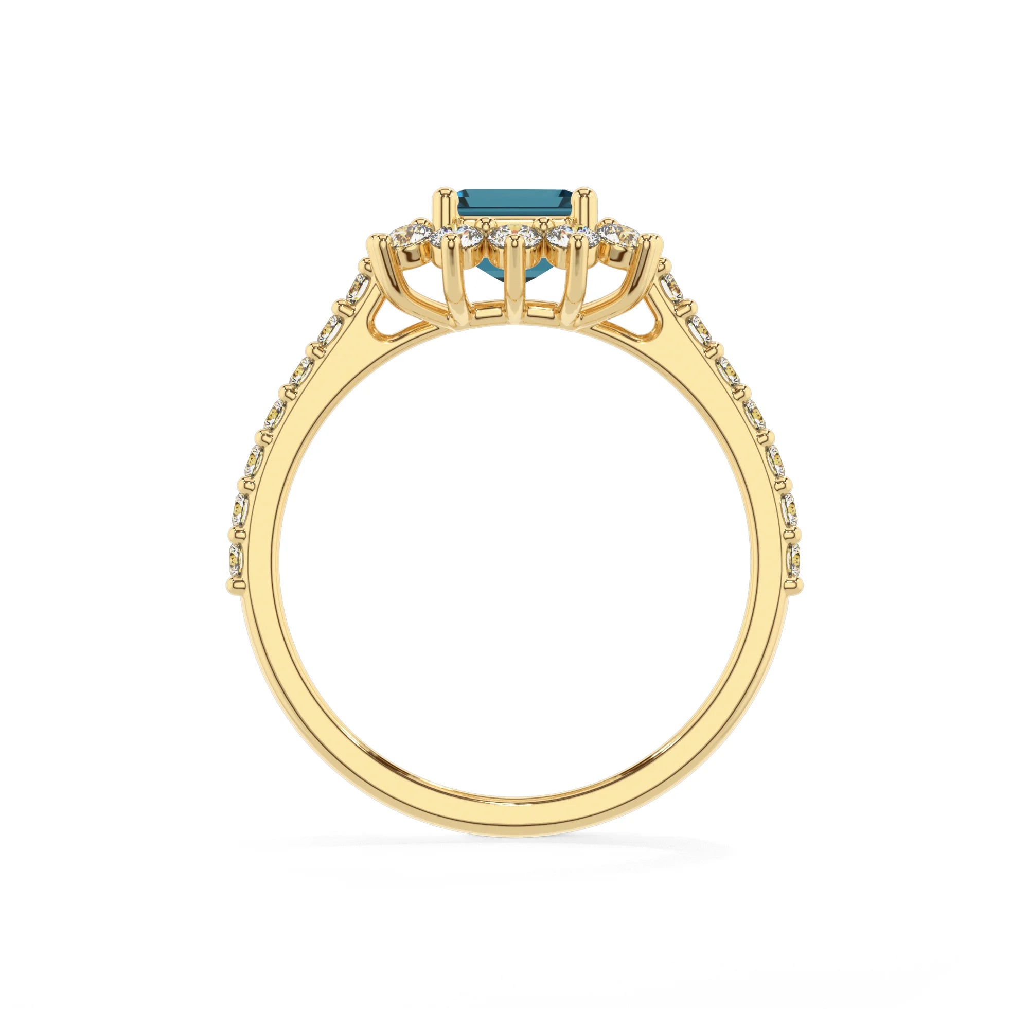 natural london-blue-topaz emerald cut solitaire rings in yellow gold