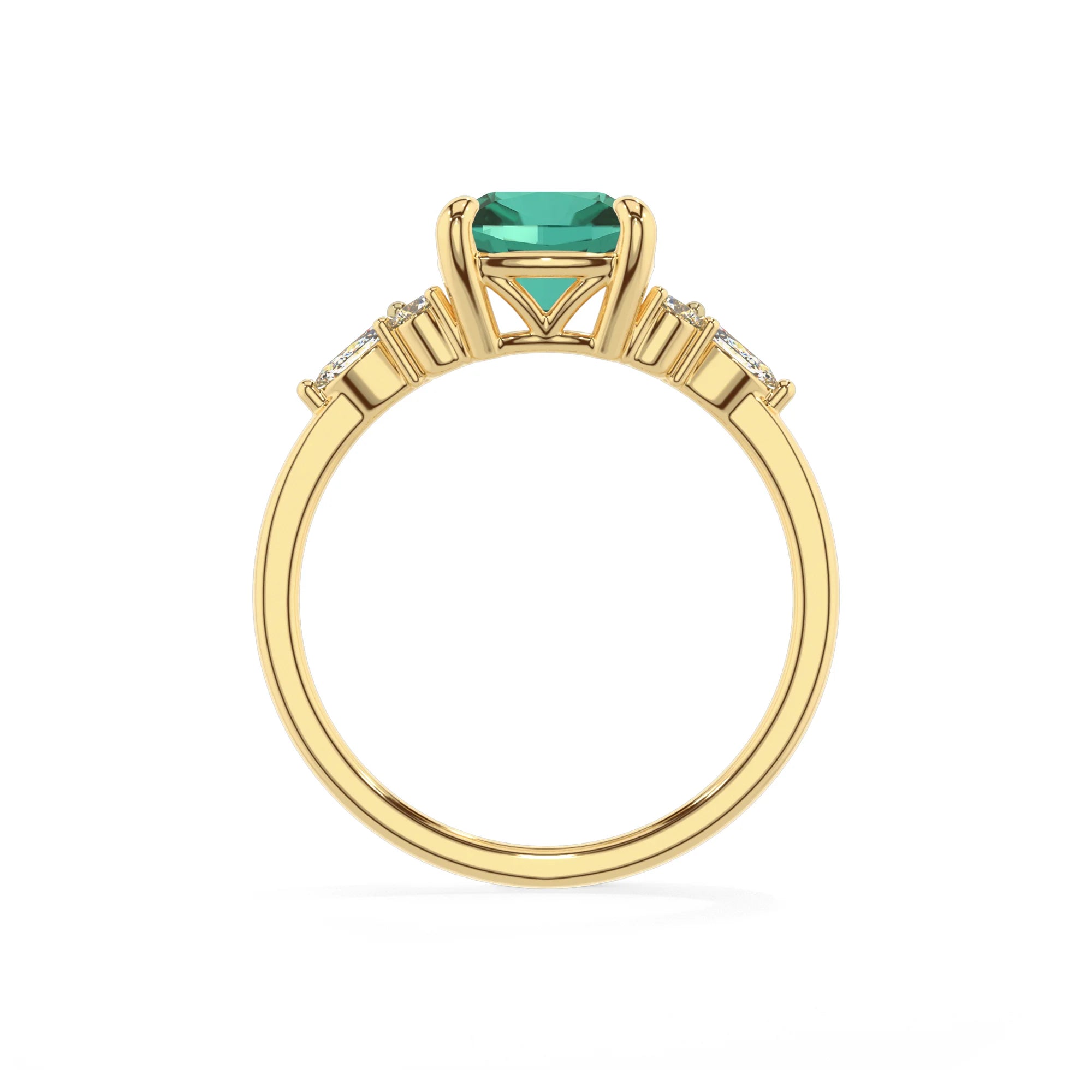 lab grown emerald cushion solitaire rings in yellow gold