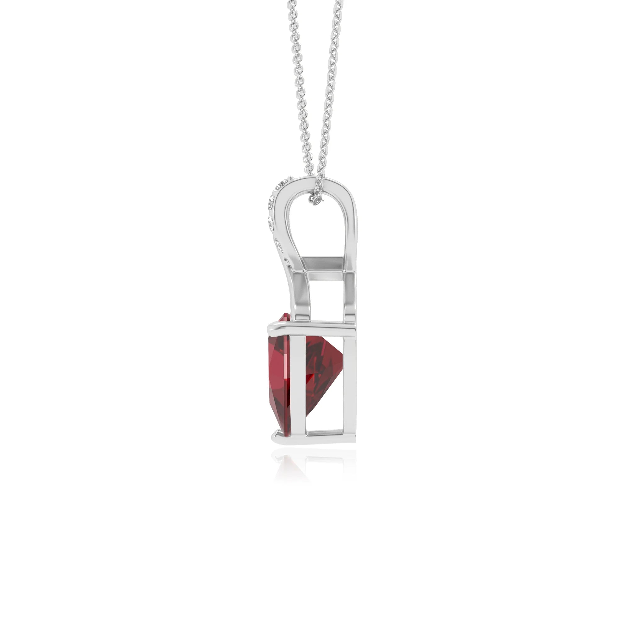 lab grown ruby trillion solitaire necklaces in white gold