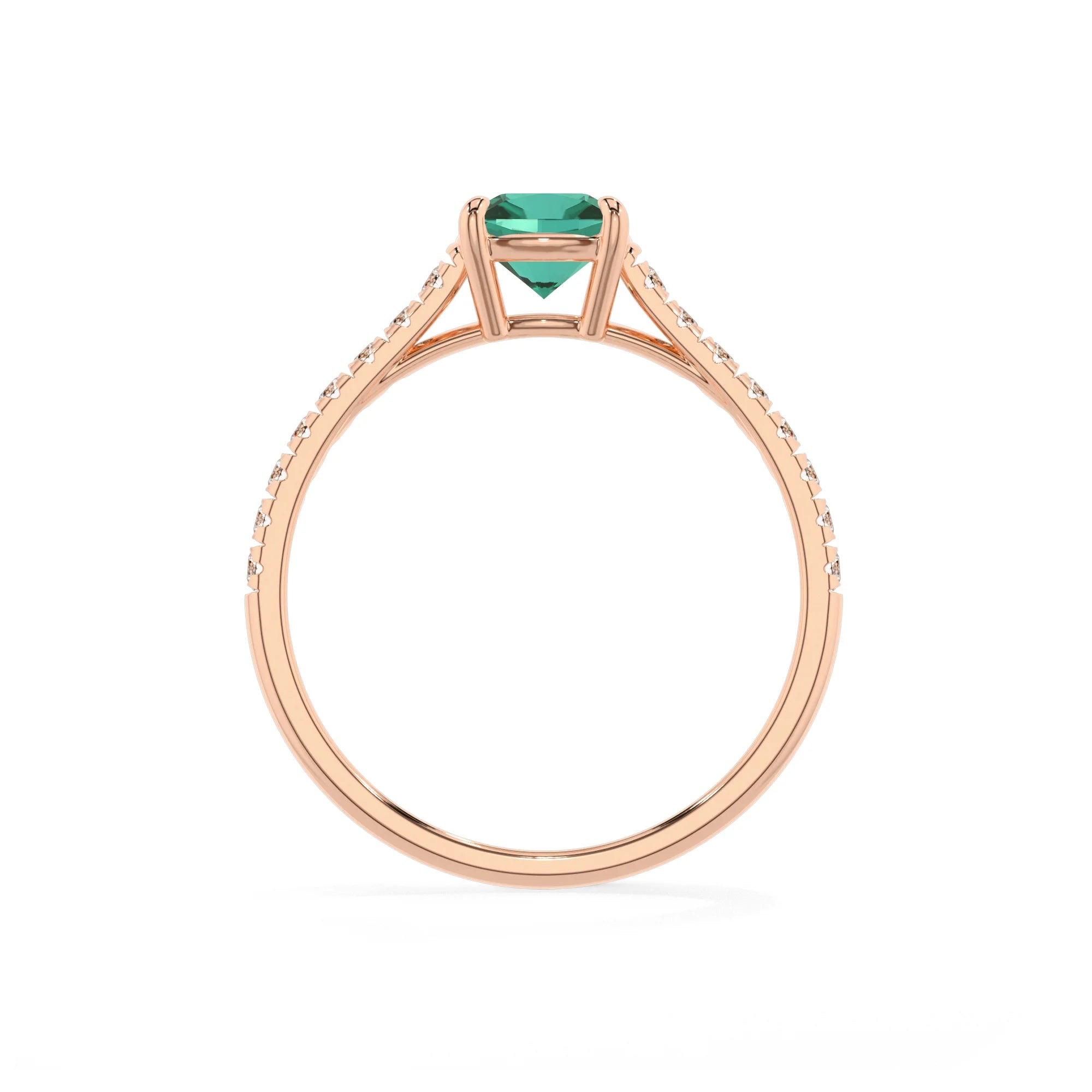 lab grown emerald cushion half eternity solitaire engagement rings in rose gold
