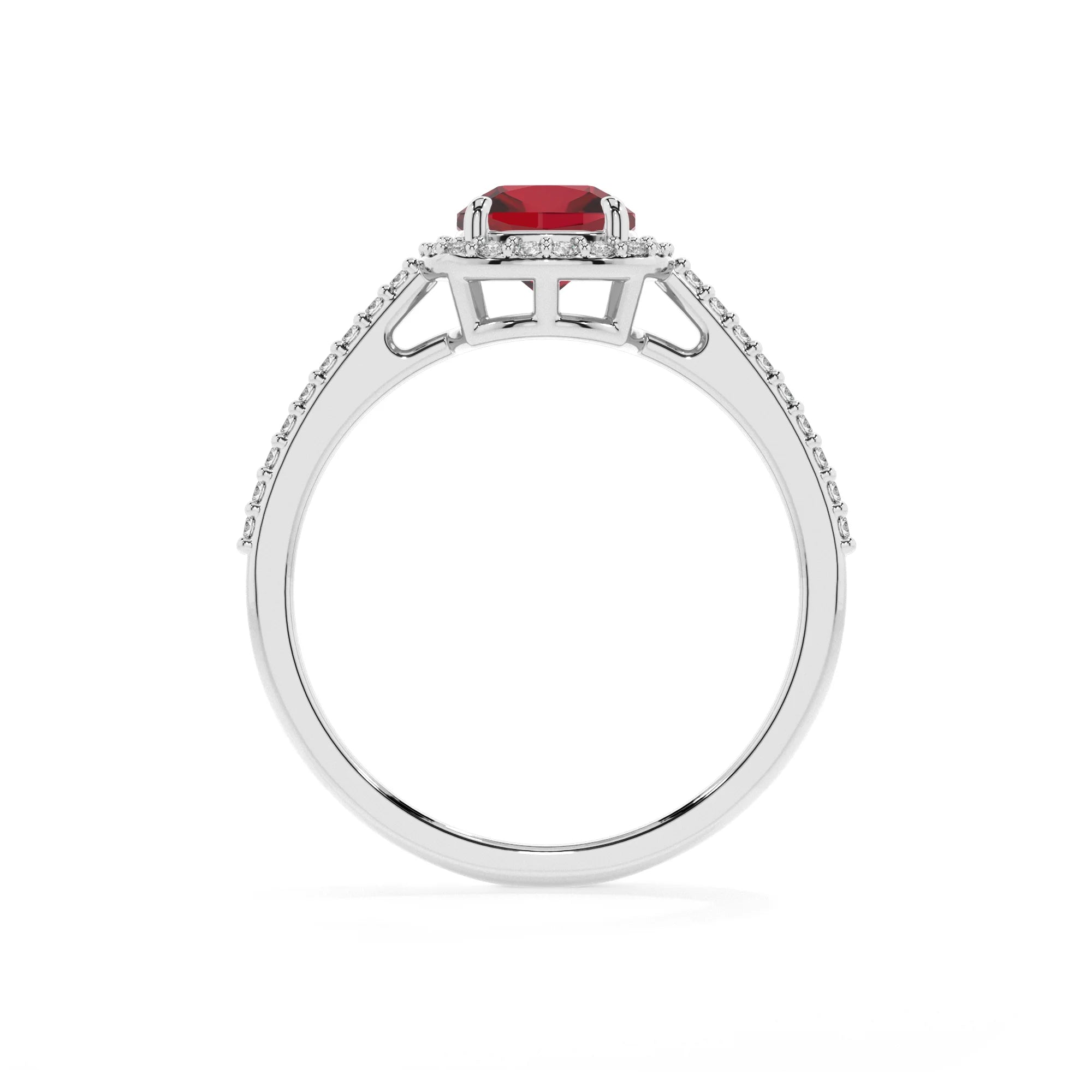lab grown ruby cushion solitaire rings in sterling silver