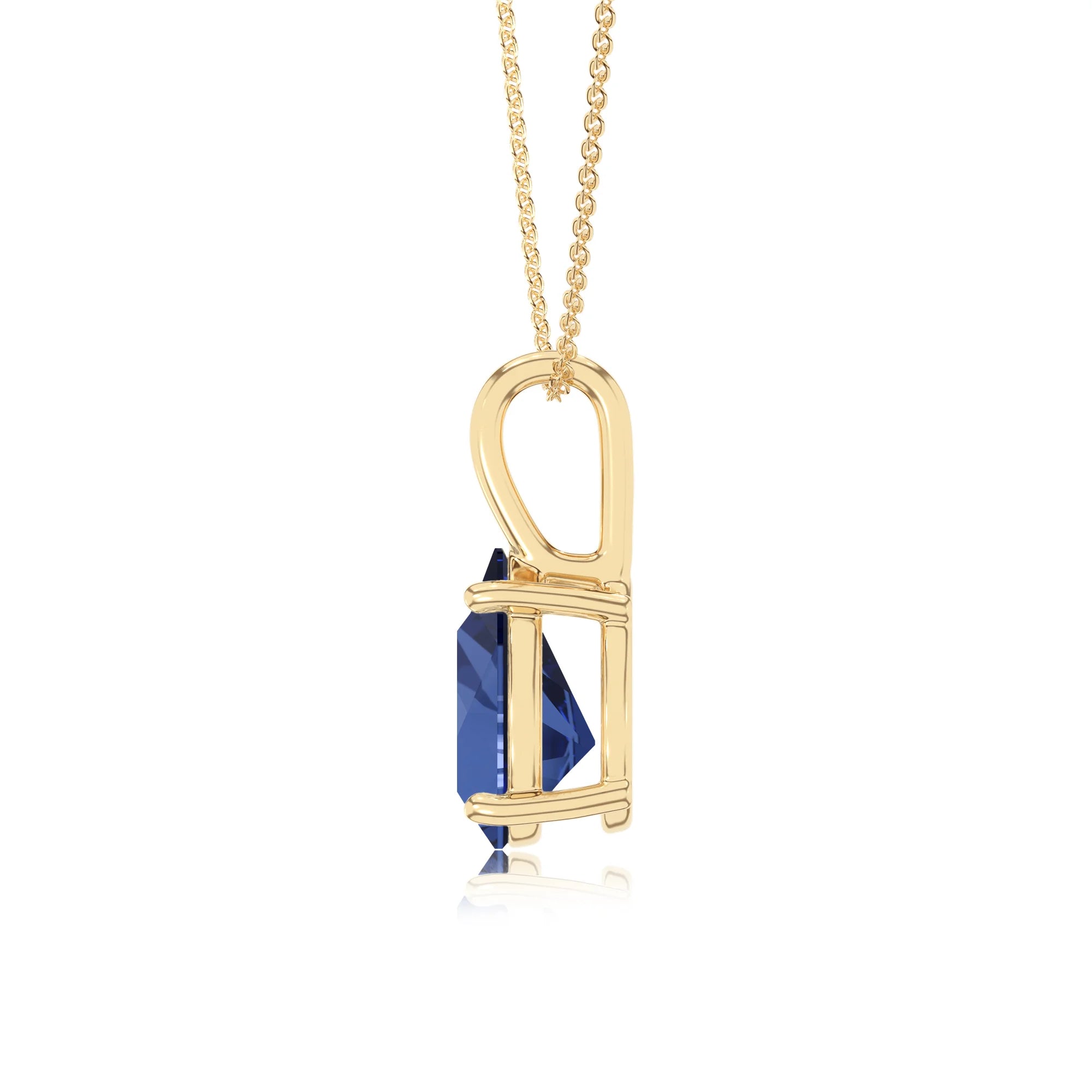 lab grown blue-sapphire pear solitaire necklaces in yellow gold