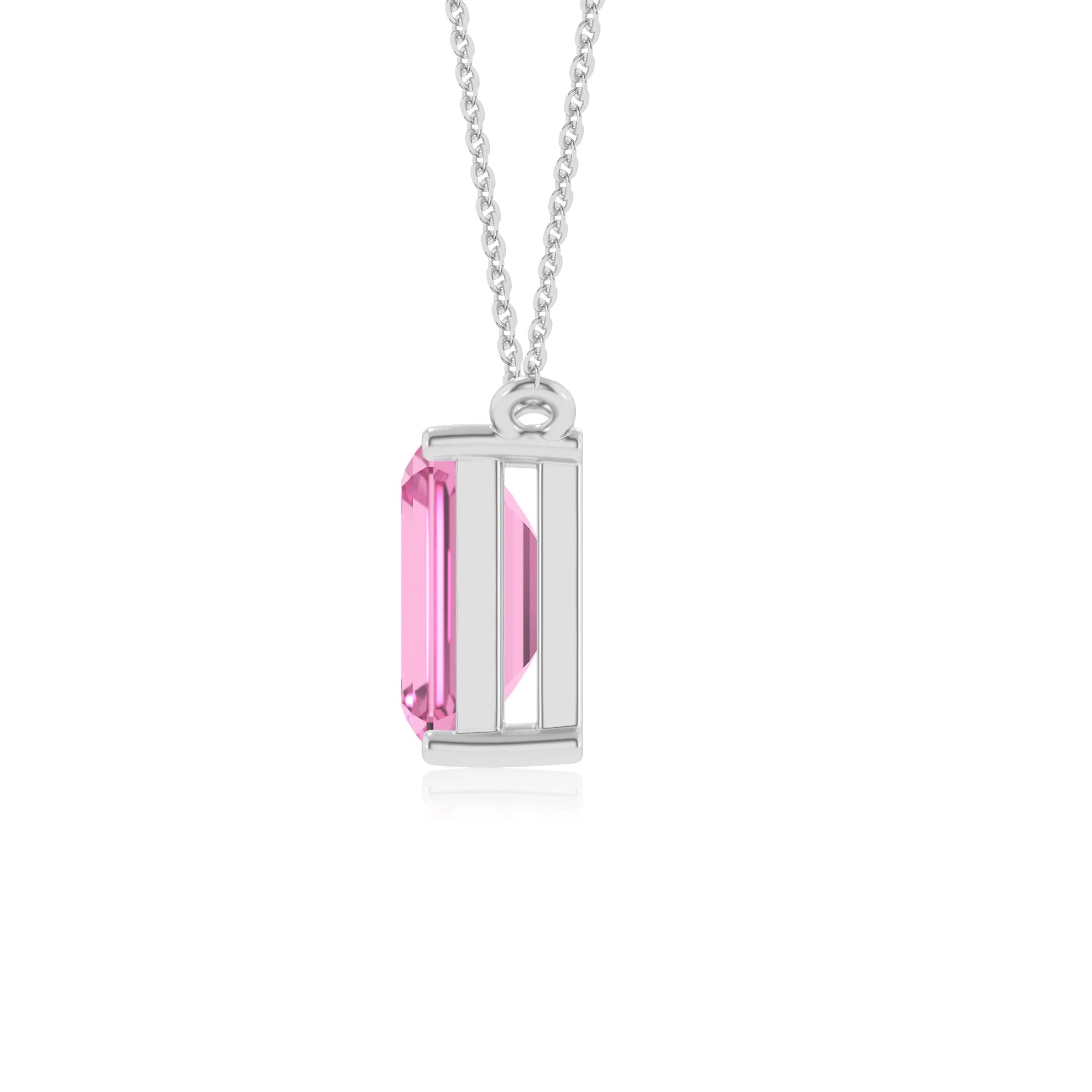 lab grown pink-sapphire emerald cut solitaire necklaces in platinum