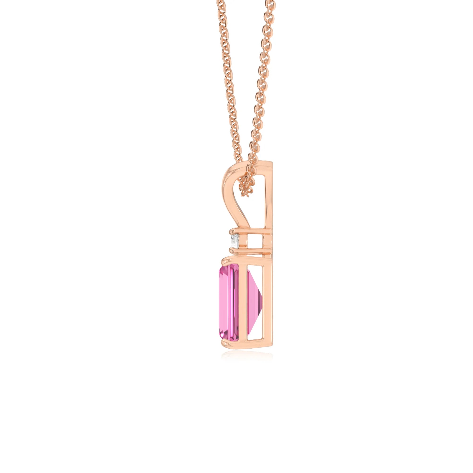 lab grown pink-sapphire emerald cut solitaire v-bale necklaces in rose gold