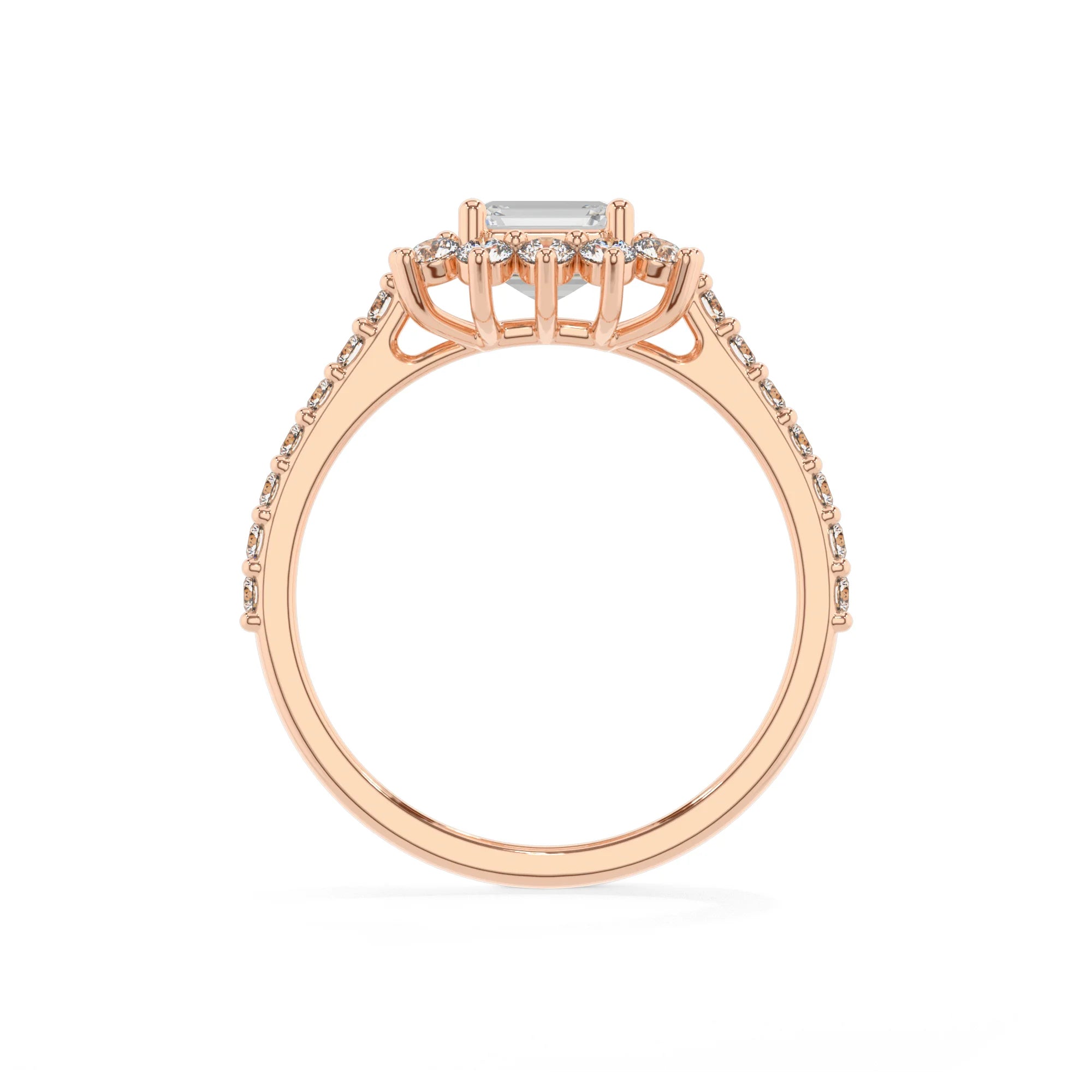 lab grown moissanite emerald cut solitaire rings in rose gold