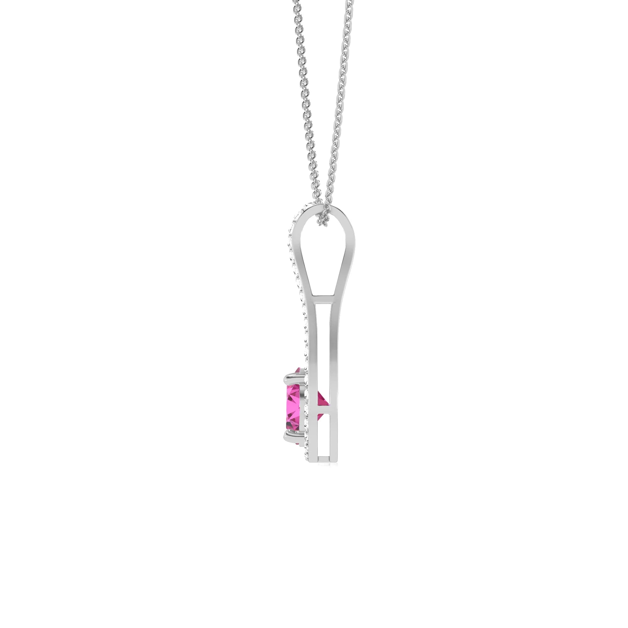 lab grown pink-sapphire round solitaire v-bale necklaces in white gold