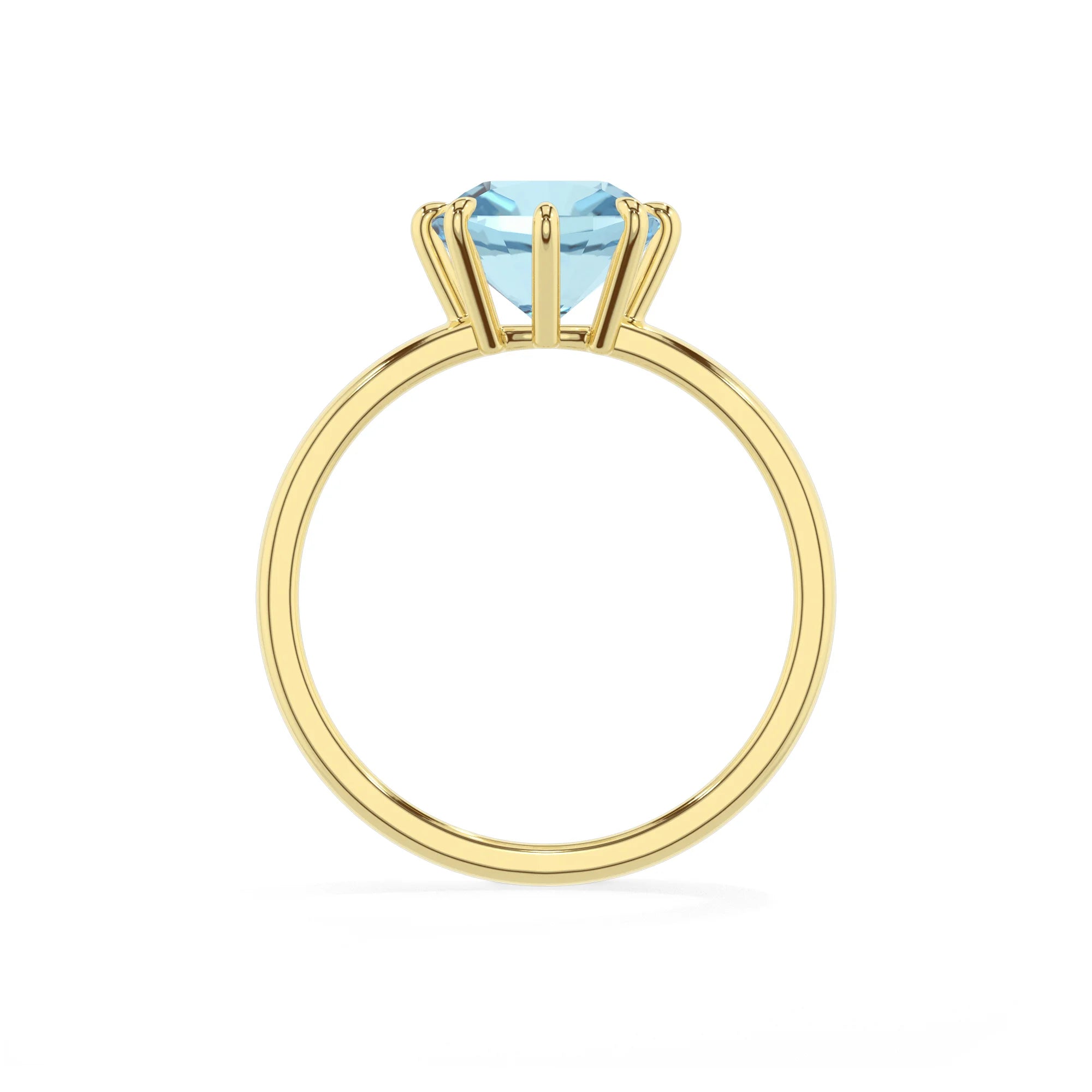 lab grown aquamarine cushion solitaire rings in yellow gold