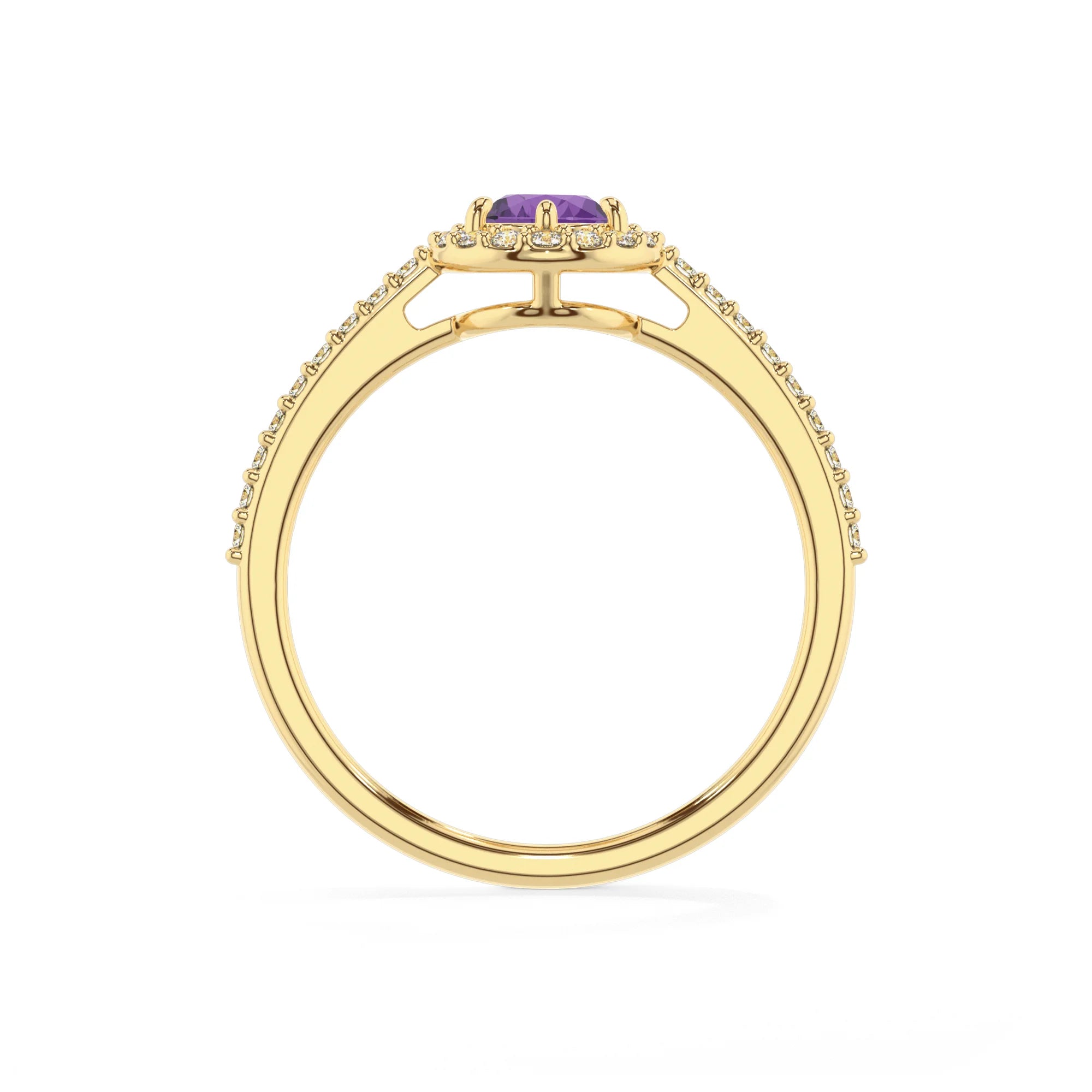 lab grown amethyst pear solitaire rings in yellow gold