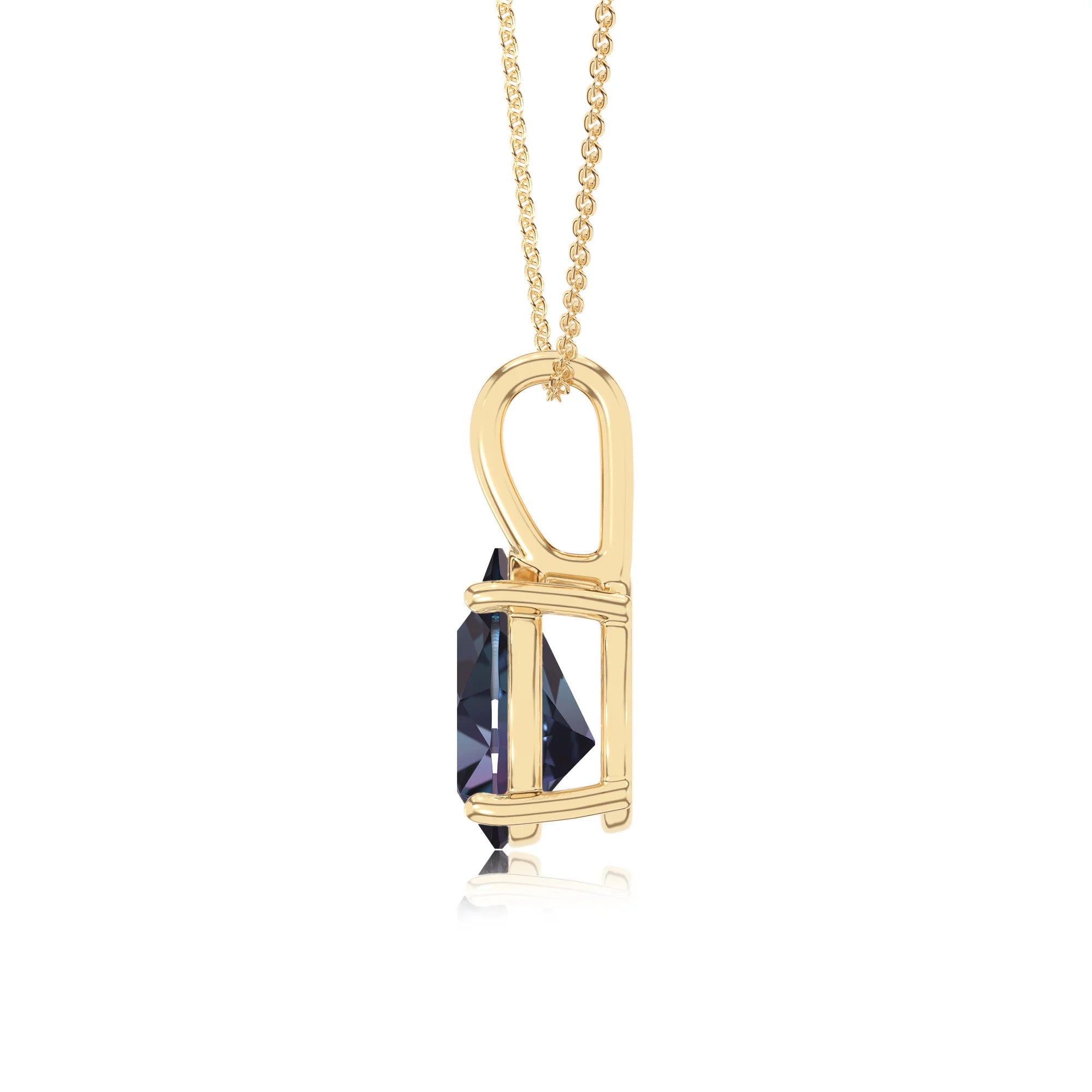 lab grown alexandrite pear solitaire necklaces in yellow gold