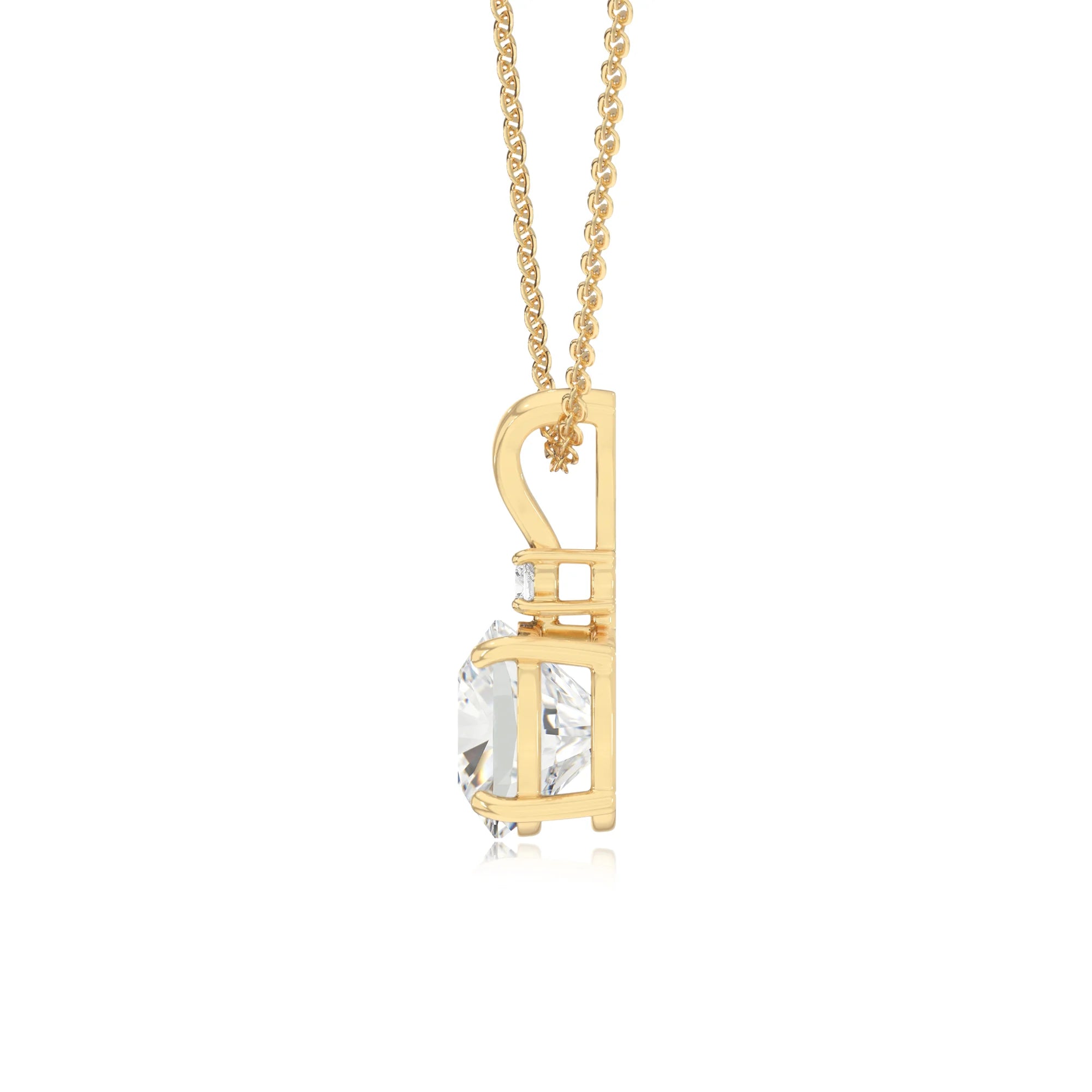 lab grown moissanite cushion solitaire v-bale necklaces in yellow gold