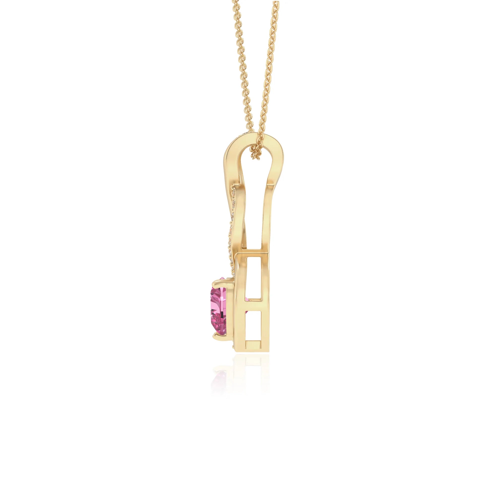 lab grown pink-sapphire heart infinity necklaces in yellow gold