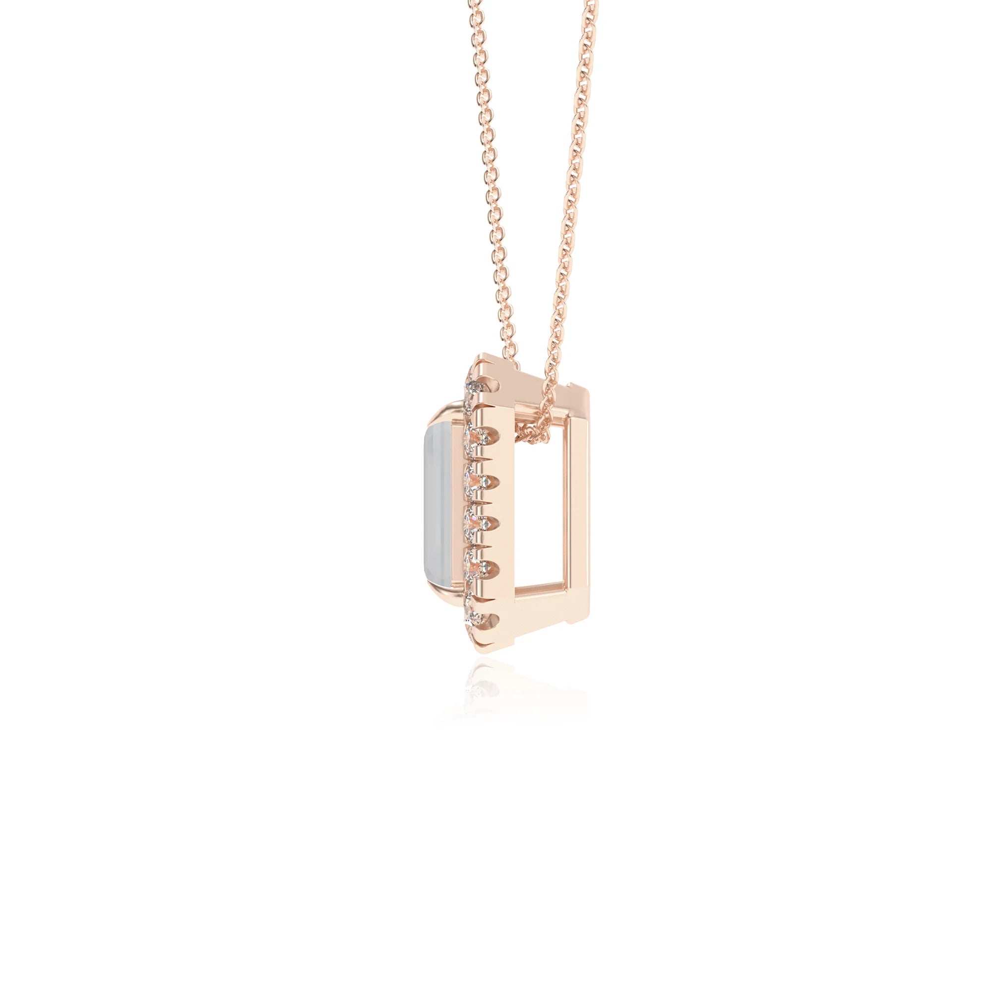 natural rainbow moonstone emerald cut solitaire necklaces in rose gold