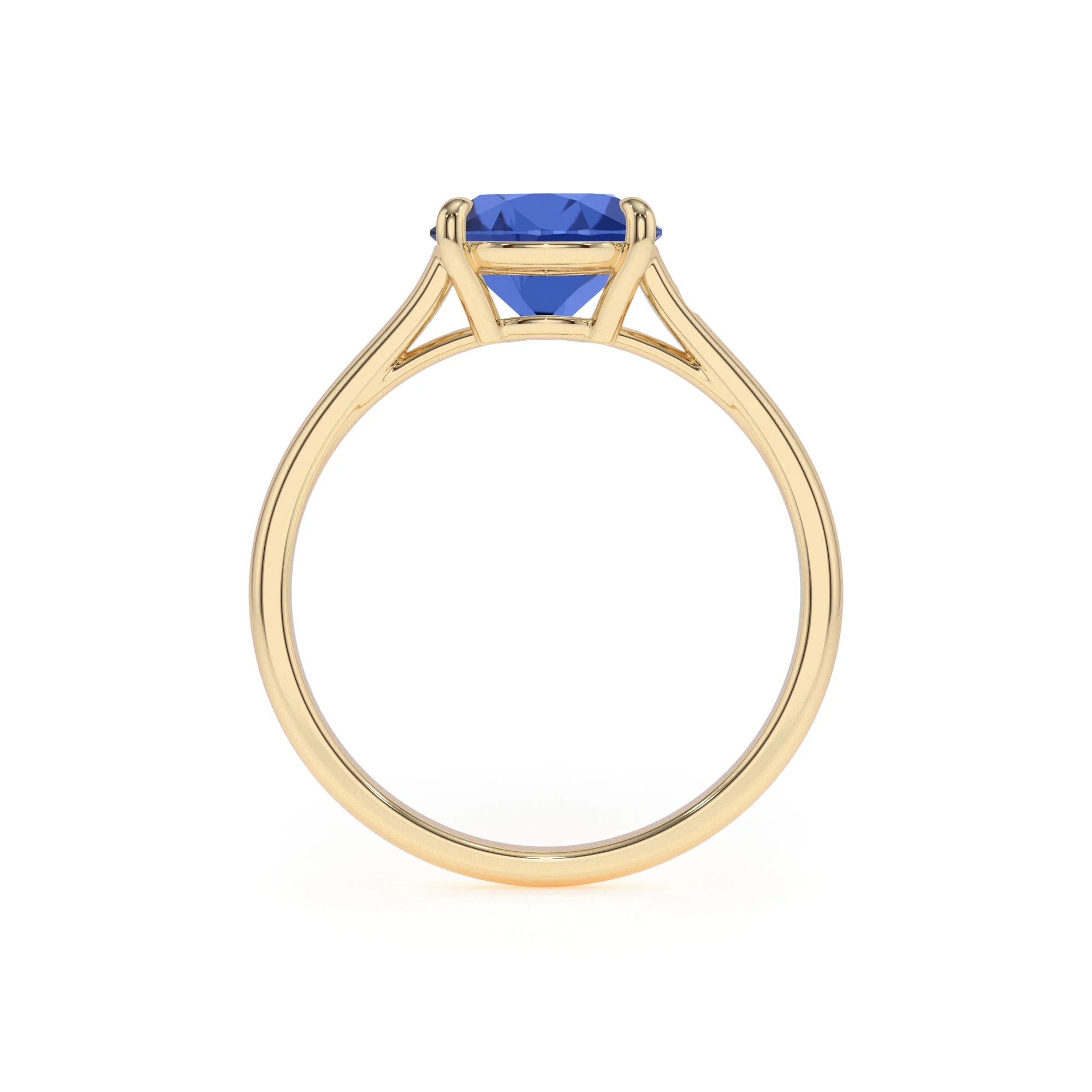 lab grown blue-sapphire cushion solitaire rings in yellow gold