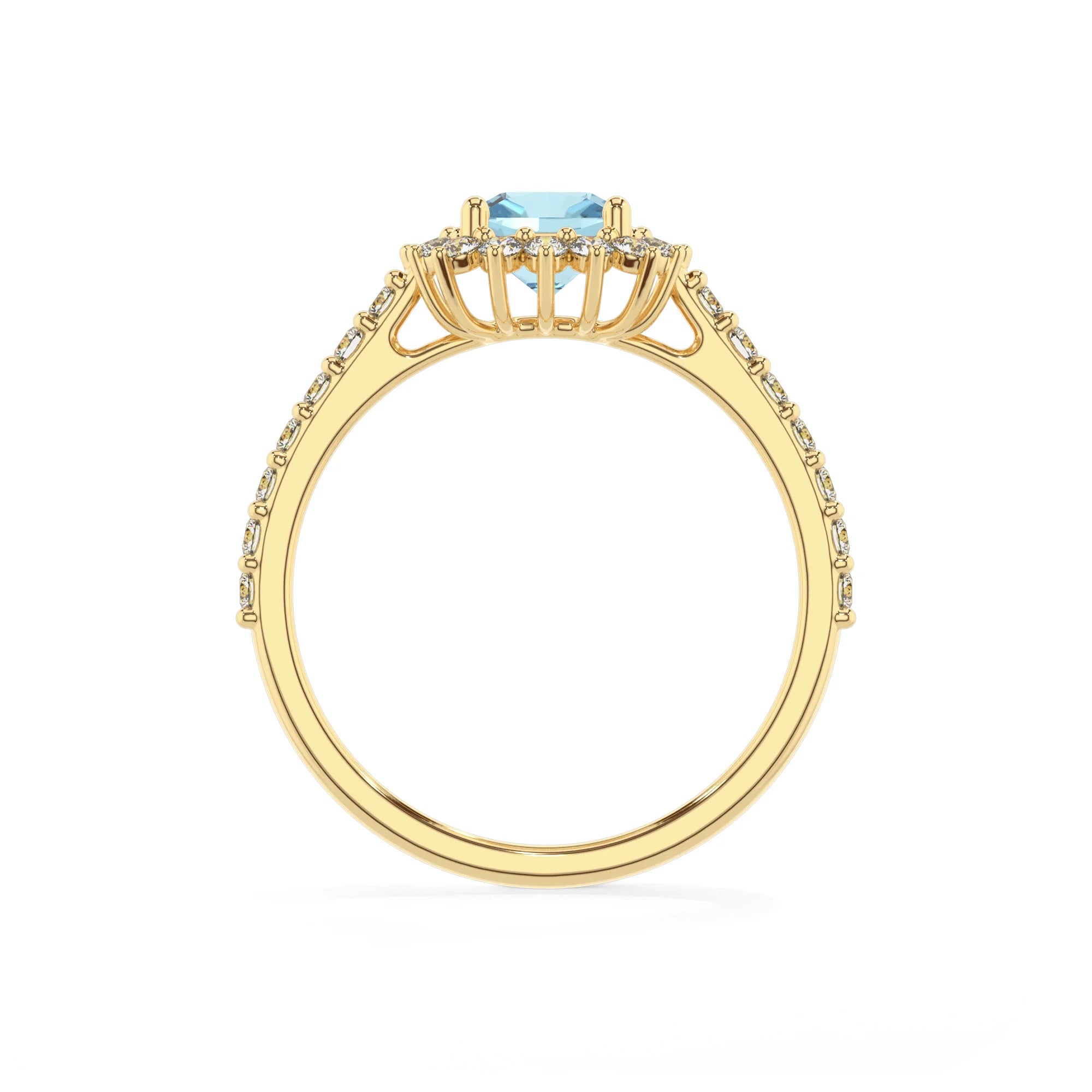 lab grown aquamarine cushion solitaire rings in yellow gold