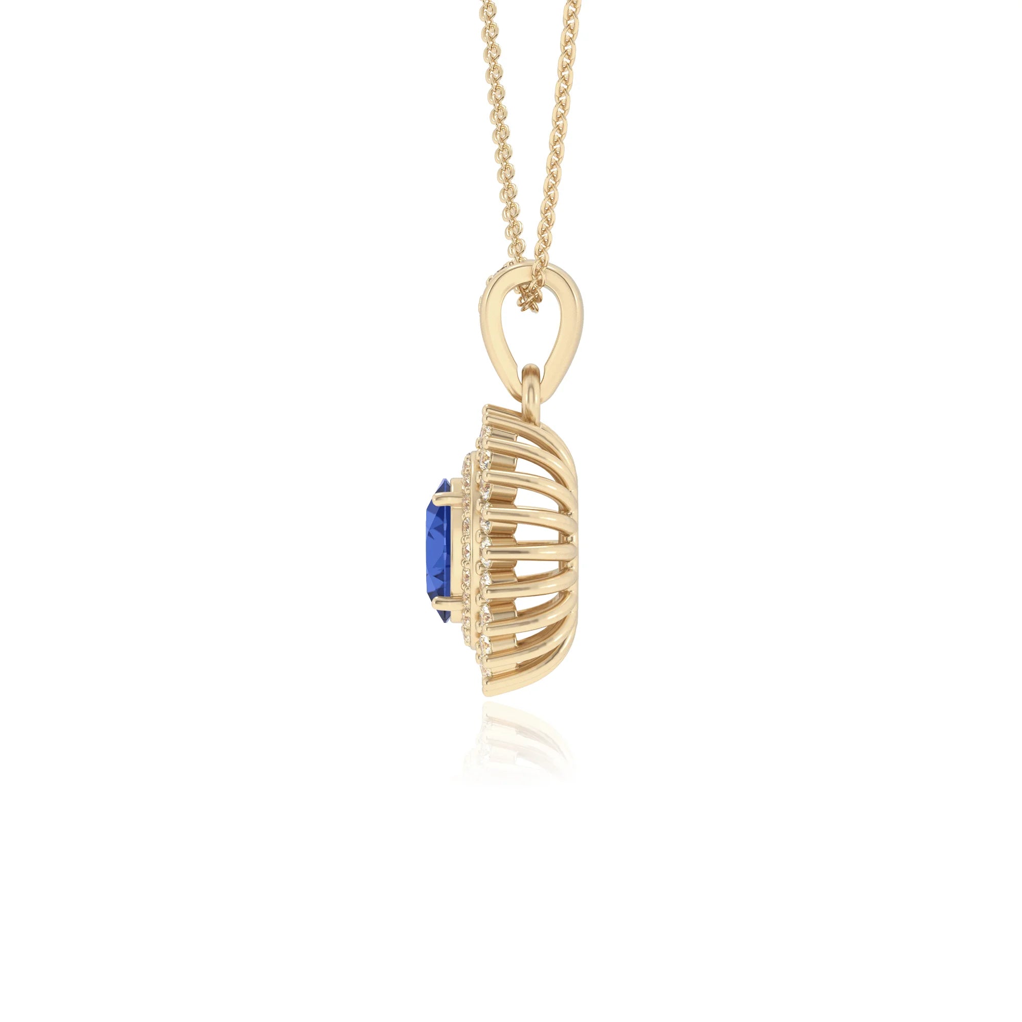 lab grown blue-sapphire oval halo necklaces in yellow gold
