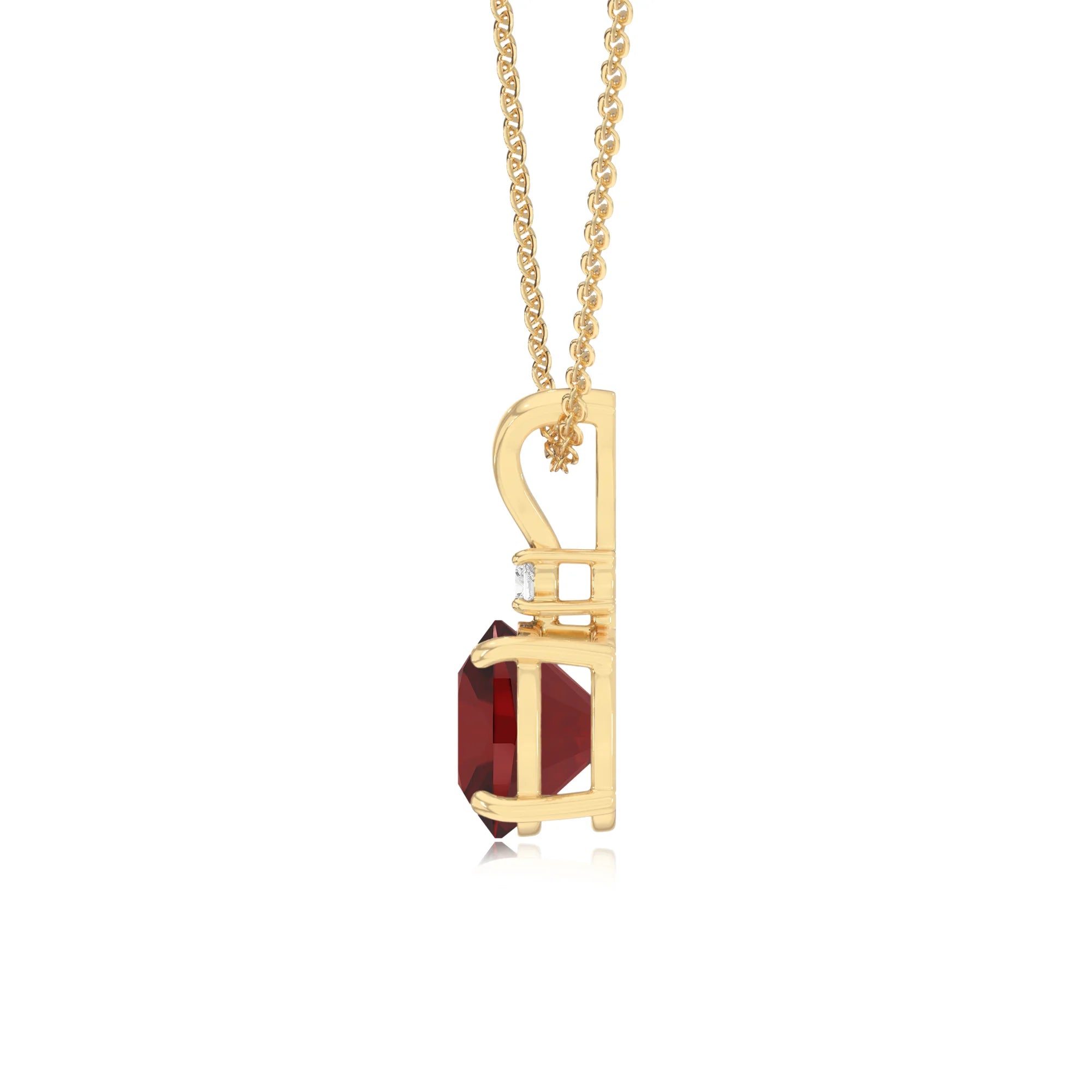 natural garnet cushion solitaire v-bale necklaces in yellow gold