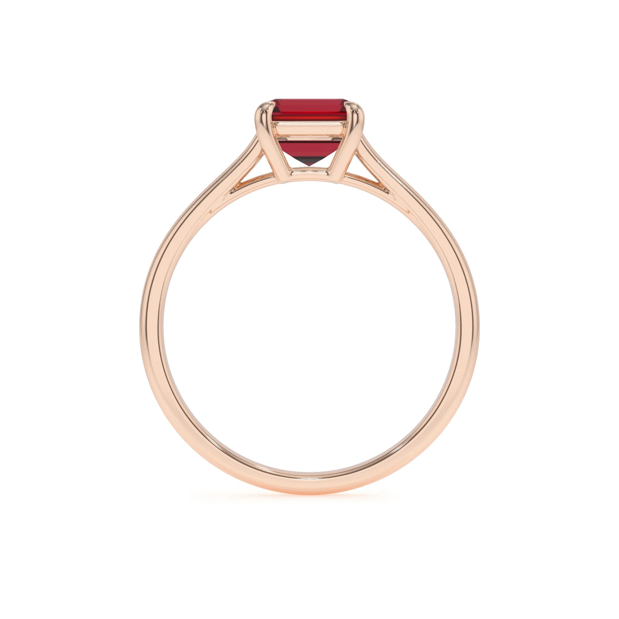 lab grown ruby emerald cut solitaire rings in rose gold