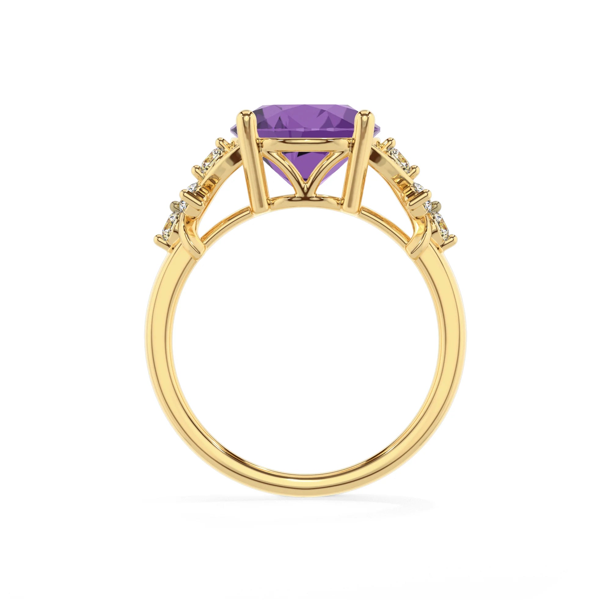 lab grown amethyst round solitaire rings in yellow gold