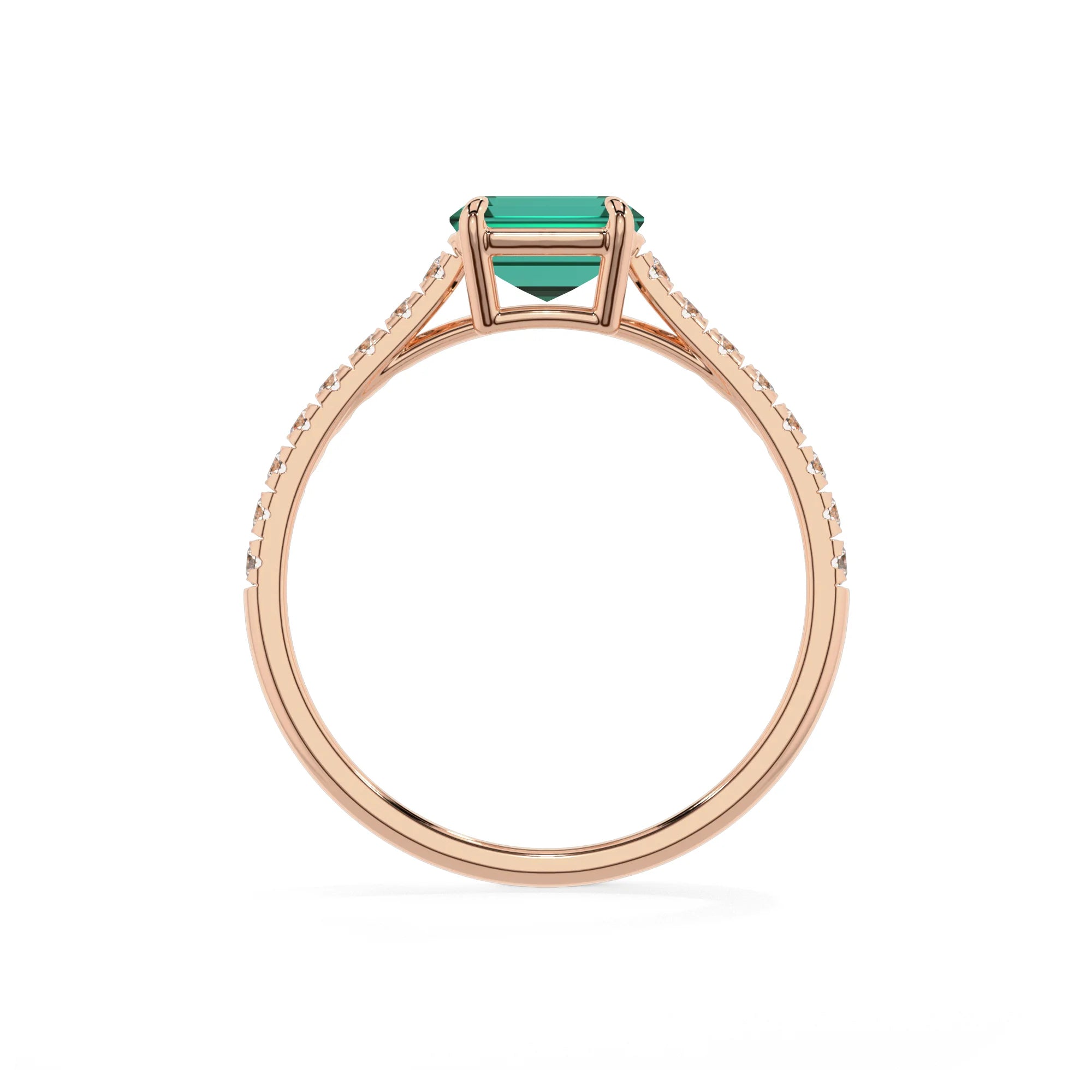 lab grown emerald octogon cut half eternity solitaire engagement rings in rose gold